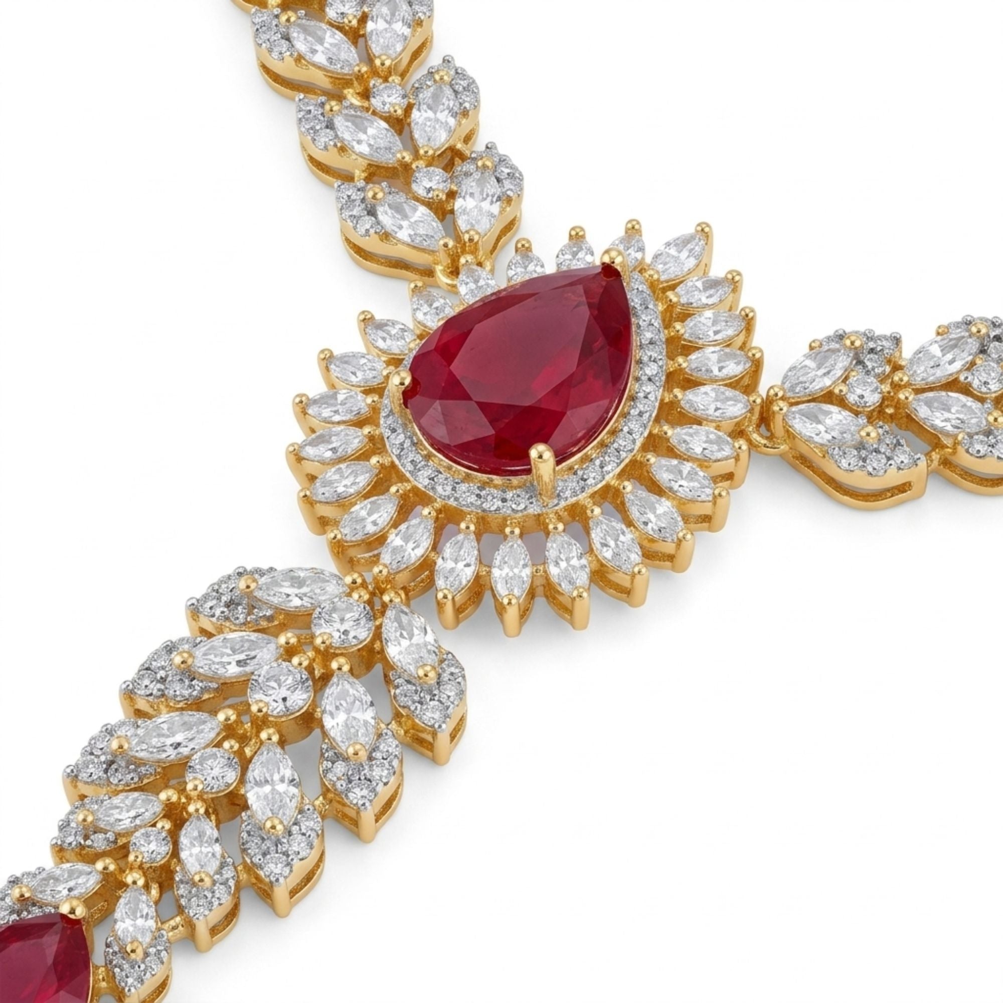 Ruby Red Stone Necklace & Earrings Set | Gold-Plated Brass | Bold Bridal & Wedding Statement Jewellery | Indian Ethnic Reception & Festive Wear | Roz Jewellers