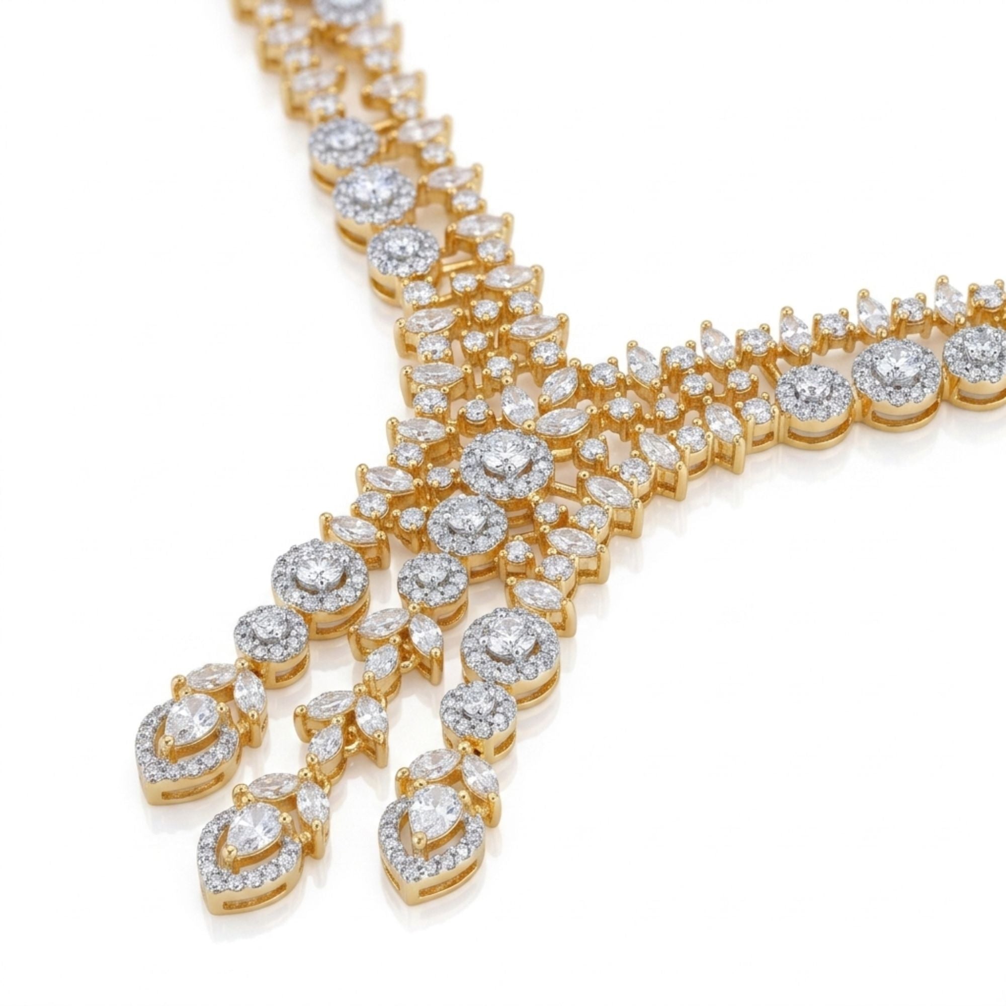 Classic White CZ Bridal Necklace & Earrings Set | Widest Diamond Look | 7CM Gold-Plated Broad Statement Jewellery | American Diamond | Indian Wedding & Reception Wear | Roz Jewellers