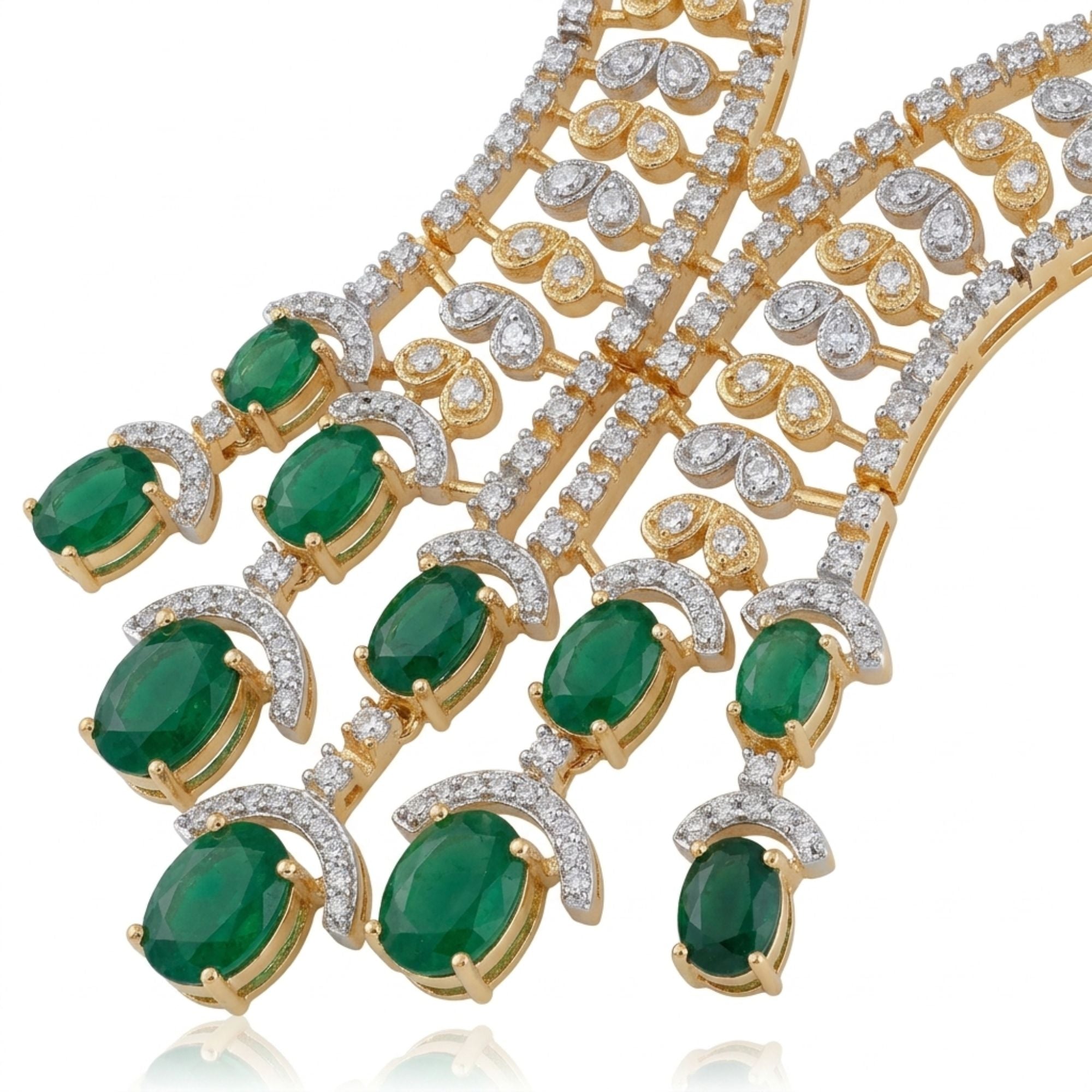 Emerald Green & CZ Long Necklace Set | Gold Plated Bridal Jewellery | Roz Jewellers