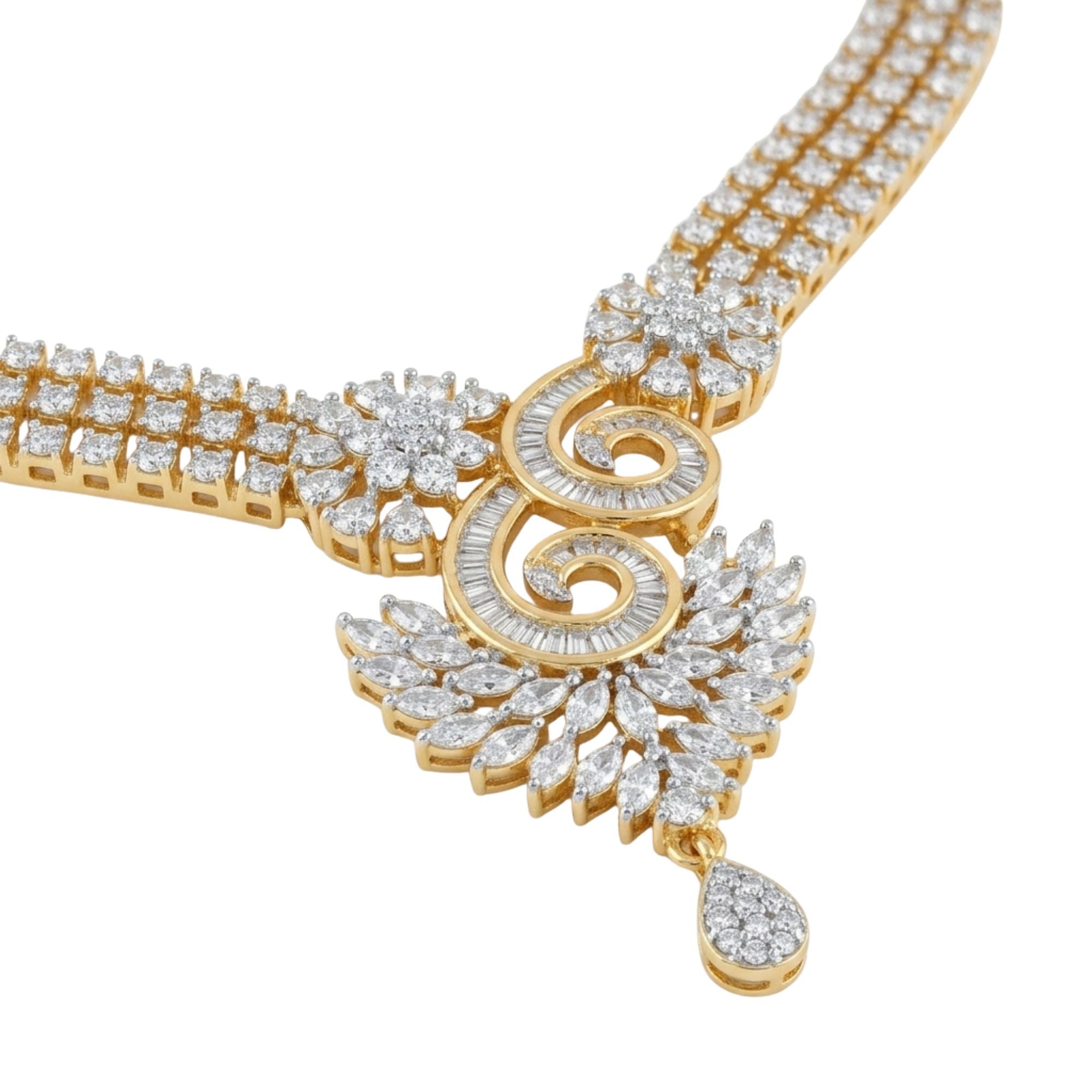 Gold-Plated Cubic Zirconia Necklace & Earrings Set | American Diamond Statement Jewellery | Brass | Ethnic & Party Wear | Roz Jewellers