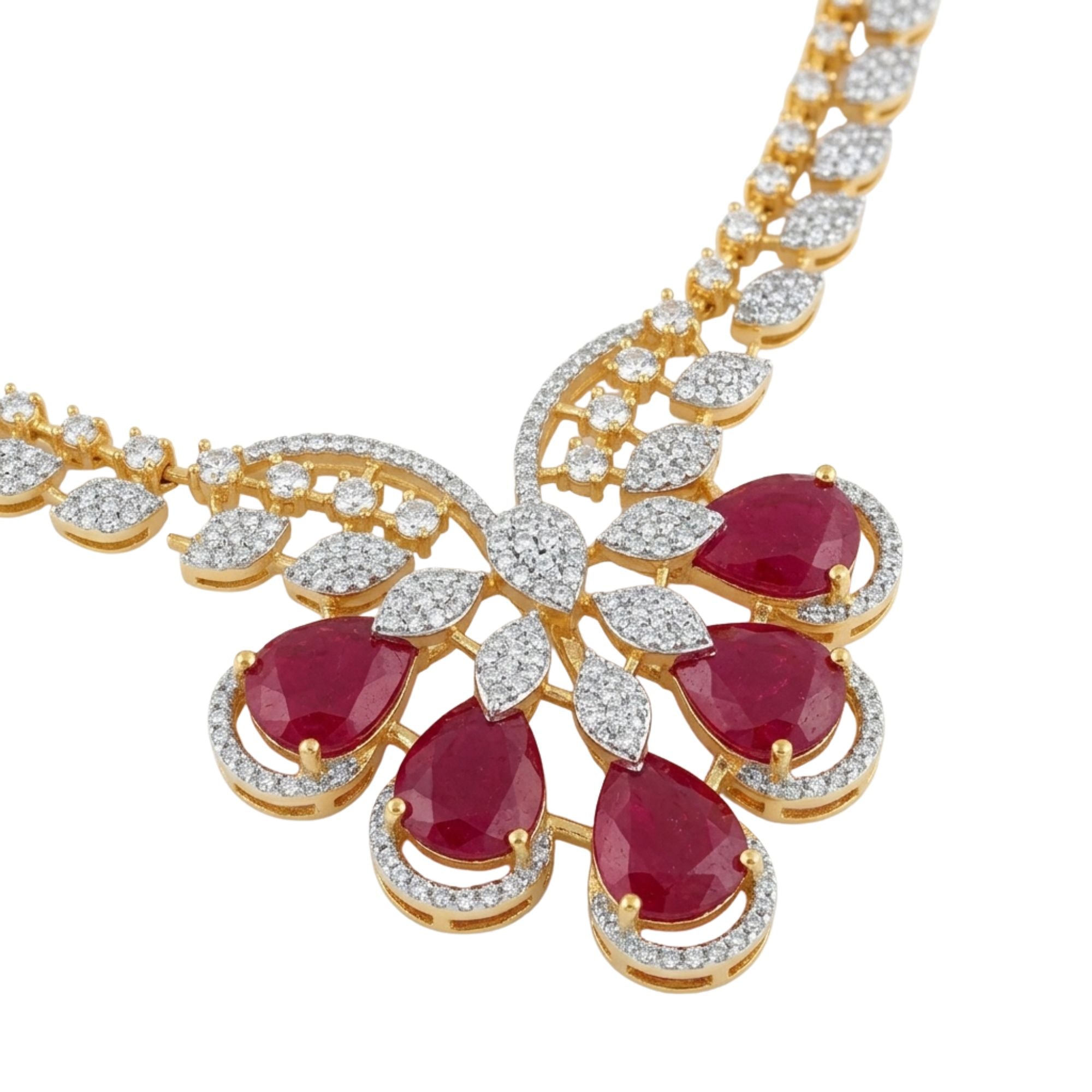 Ruby Red & CZ Crystal Bridal Necklace Set with Statement Earrings | Gold-Plated Brass | Indian Wedding, Reception & Festive Jewellery | Roz Jewellers