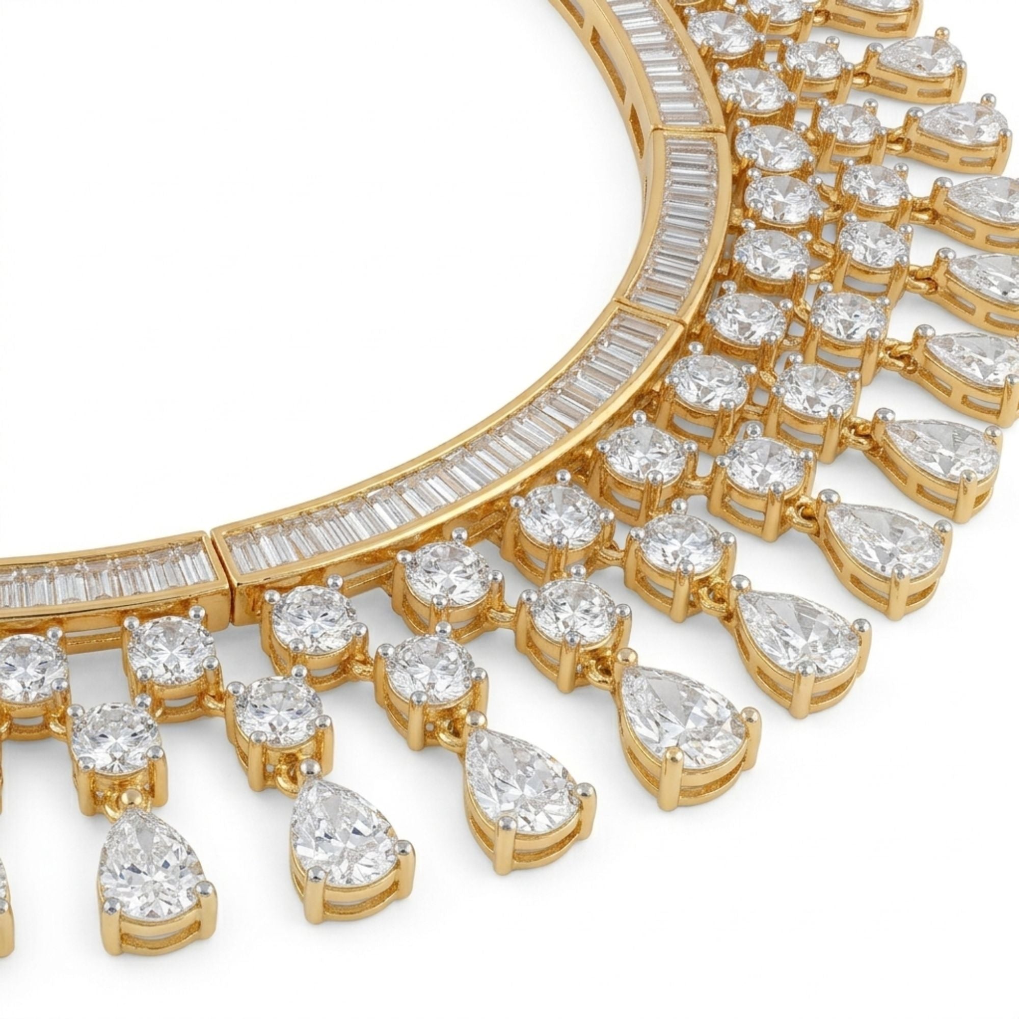 Gold-Plated Diamond Look CZ Necklace & Earrings Set | American Diamond Bridal & Party Wear | Brass | Long Statement Ethnic Jewellery | Roz Jewellers