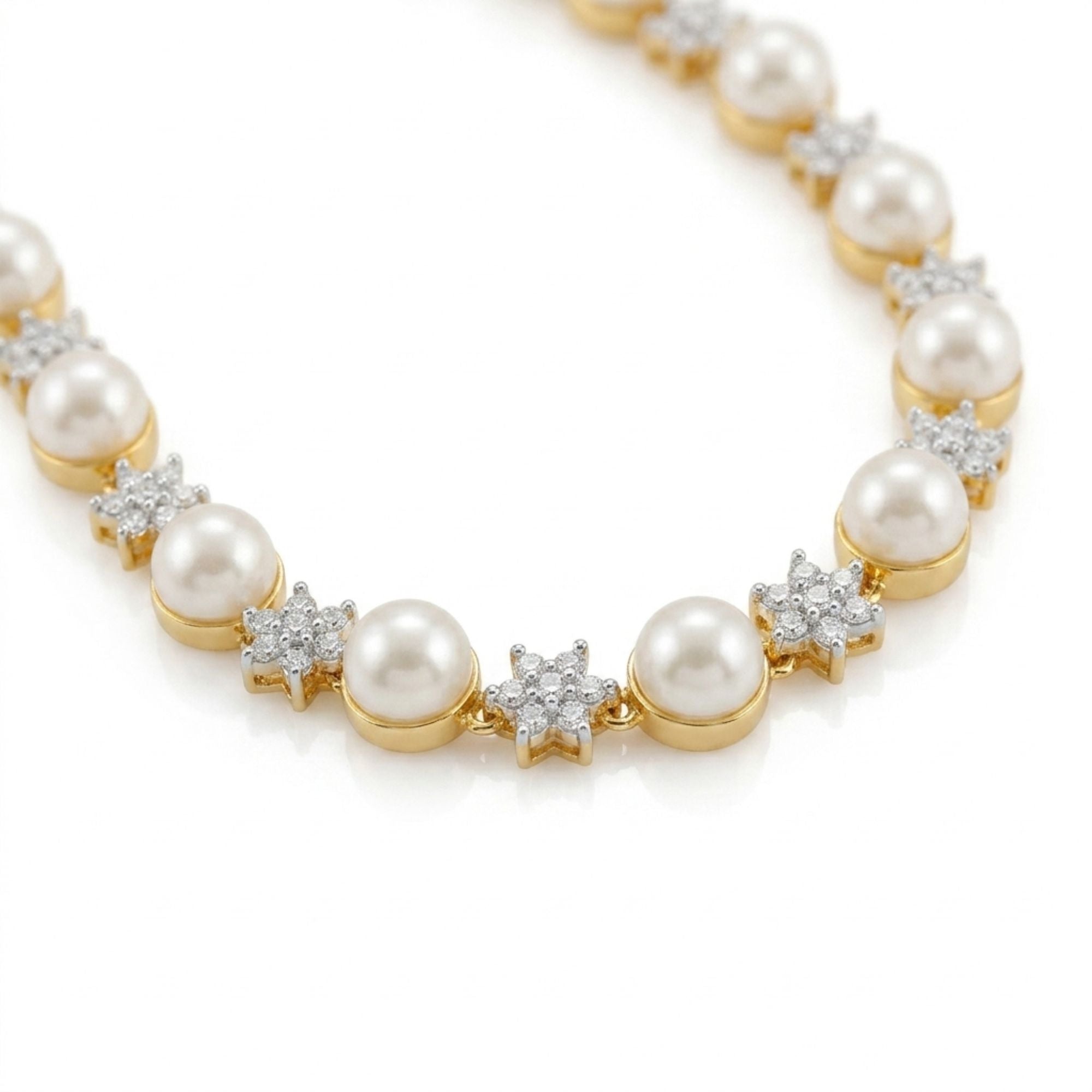 White Pearl & CZ Necklace Set | Gold Plated Festive Jewellery | Roz Jewellers