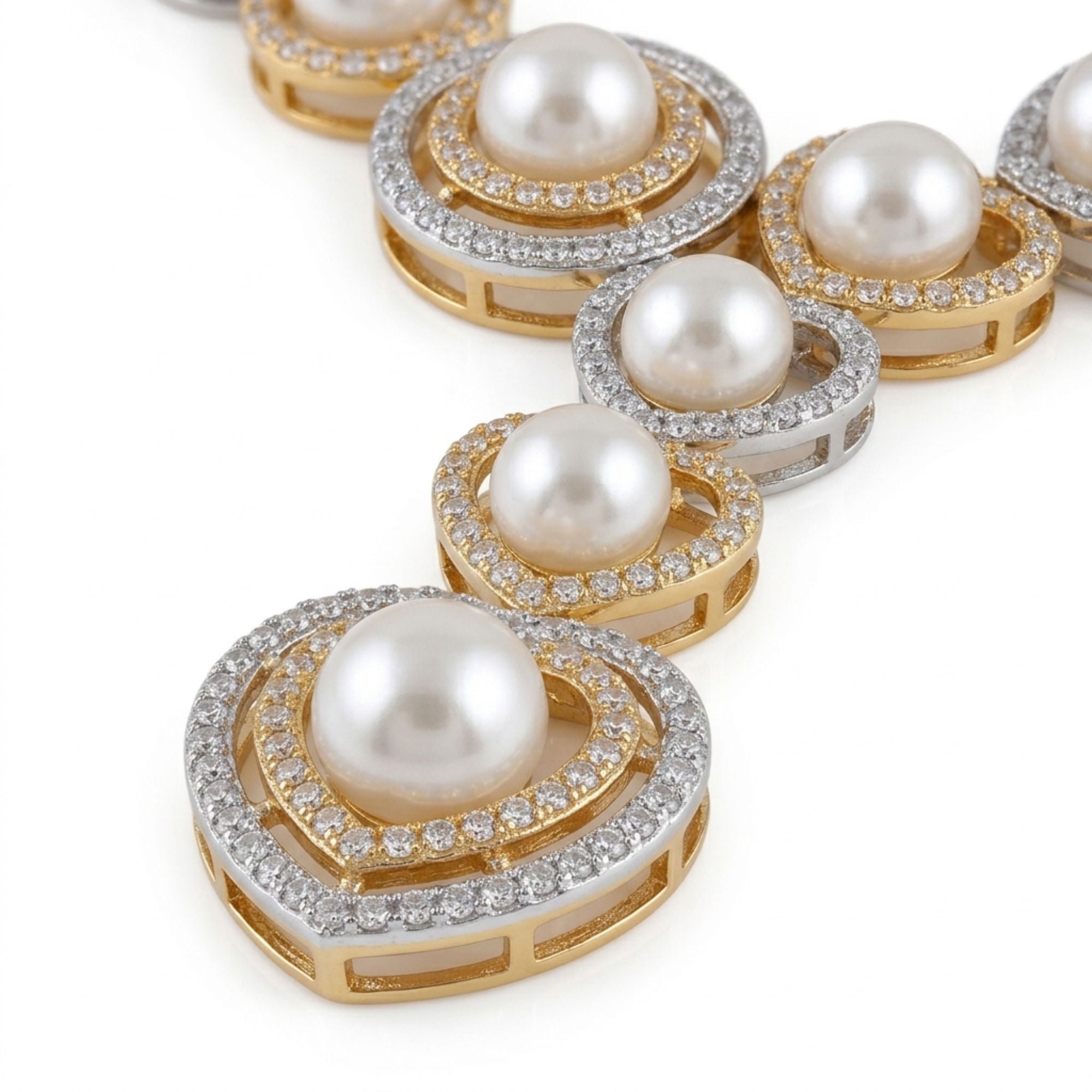 Pearl & CZ Necklace Set for Women with Earrings | Gold-Plated Brass | Modern Heirloom Bridal Jewellery | Indian Ethnic Wedding & Festive Wear | Roz Jewellers