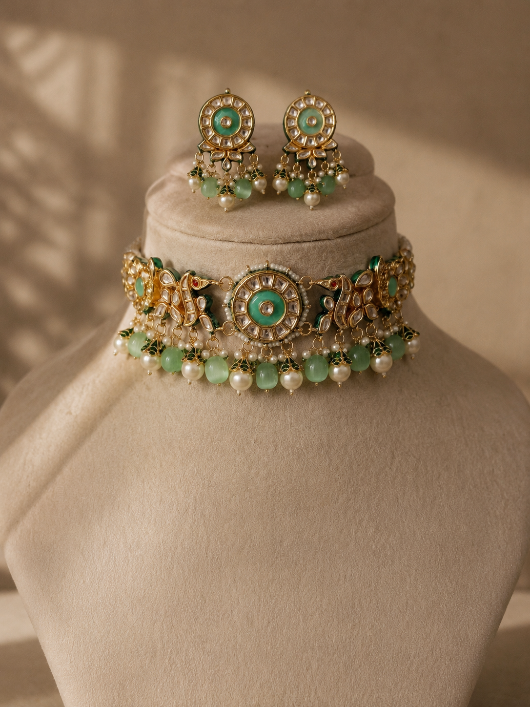 Mint Green Pearl Kundan Choker with Floral Motifs Roz Jewellers.
