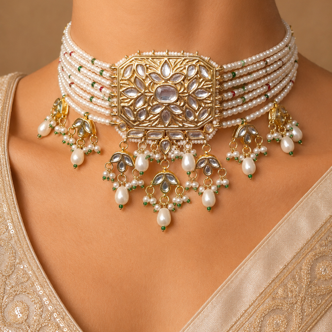 Indian Kundan Pearl Choker Necklace Set with pearl beads Roz Jewellers.