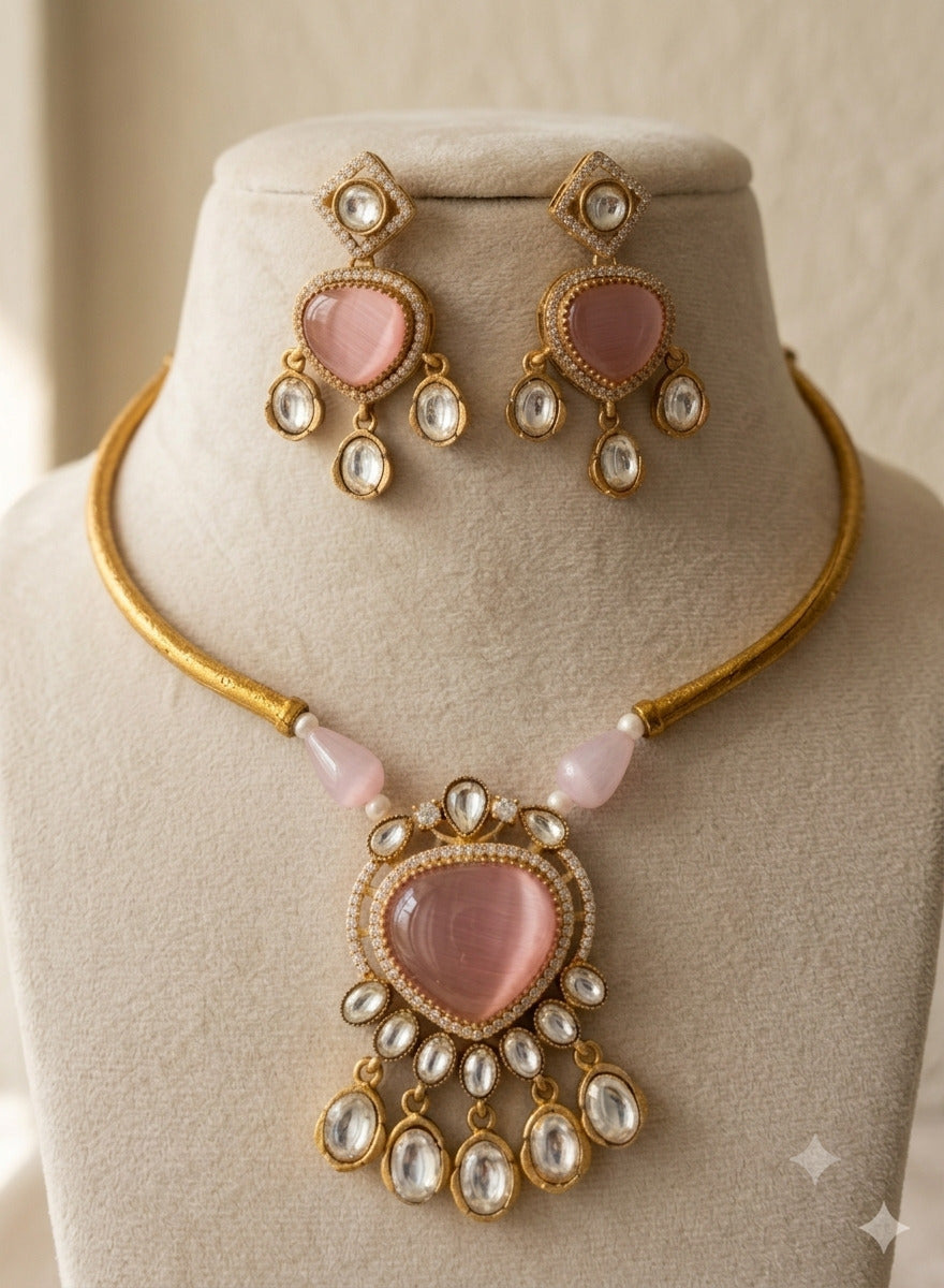 Blush Pink Heart Crystal Moissanite Necklace Set with Matching Earrings Roz Jewellers.