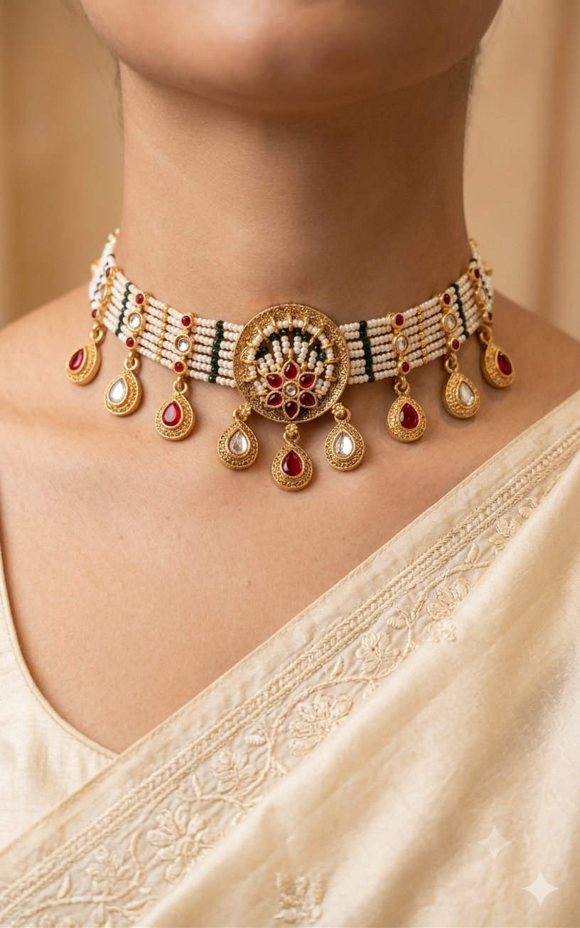 Rajasthani Multi Kundan Choker Necklace Set with Pearl Beads and Matching Earrings Roz Jewellers.