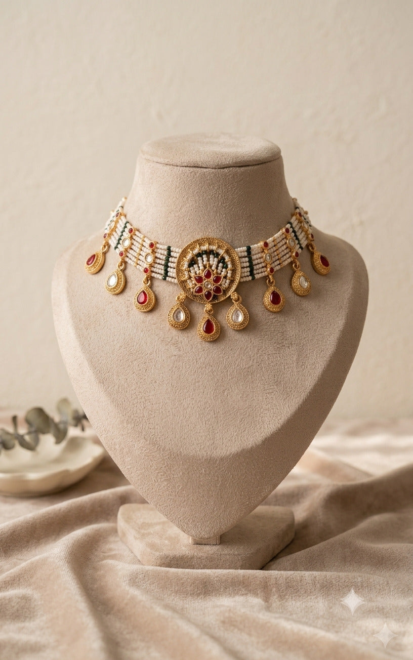 Rajasthani Multi Kundan Choker Necklace Set with Pearl Beads and Matching Earrings Roz Jewellers.