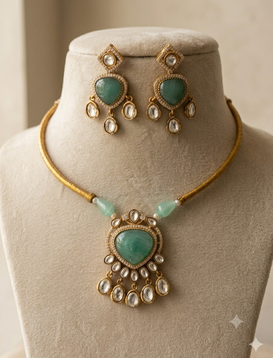 Mint Green Moissanite Necklace Set Luxury Gold Tone Statement Roz Jewellers.