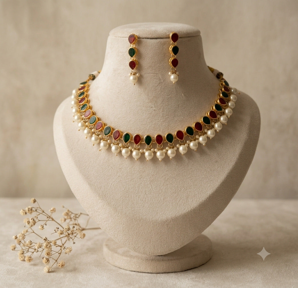 Luminous Round Pearl with Teardrop Emerald Kundan Necklace Set Roz Jewellers.