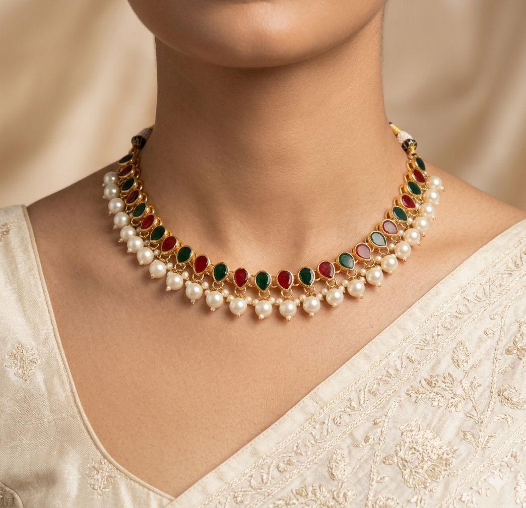 Luminous Round Pearl with Teardrop Emerald Kundan Necklace Set Roz Jewellers.