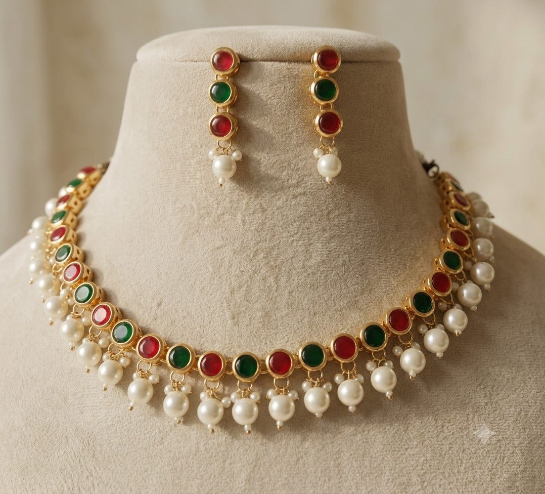 Navratna Kundan Necklace Set with Pearl Hanging Drops Roz Jewellers.