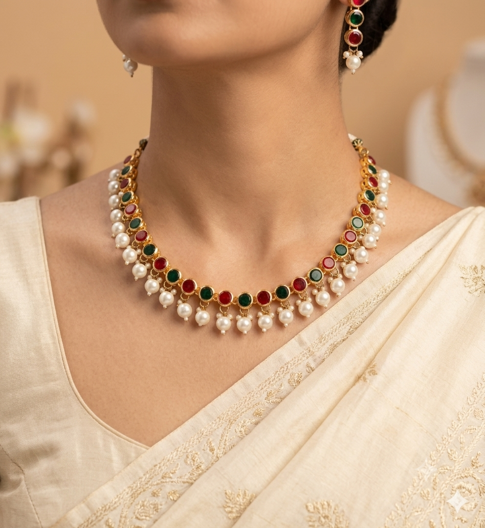 Navratna Kundan Necklace Set with Pearl Hanging Drops Roz Jewellers.
