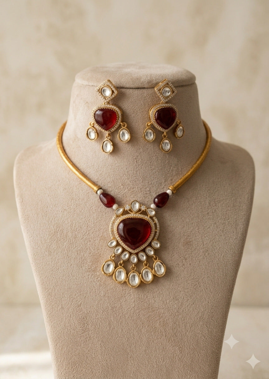 Royal Ruby Crystal Moissanite Necklace Set with Statement Earrings Roz Jewellers.