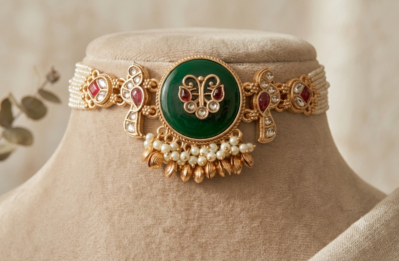 Royal Emerald Kundan Choker Necklace Set Roz Jewellers.