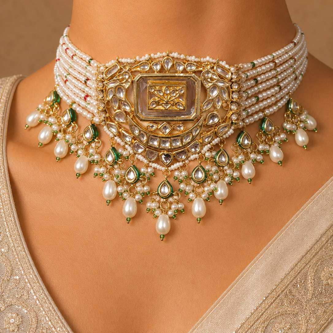 Regal Kundan Pearl Choker with Layered Pearl Strands & Elegant Pearl Roz Jewelle