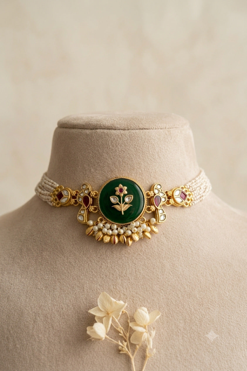 Regal Kundan Emerald Necklace Choker Set Roz Jewellers,.