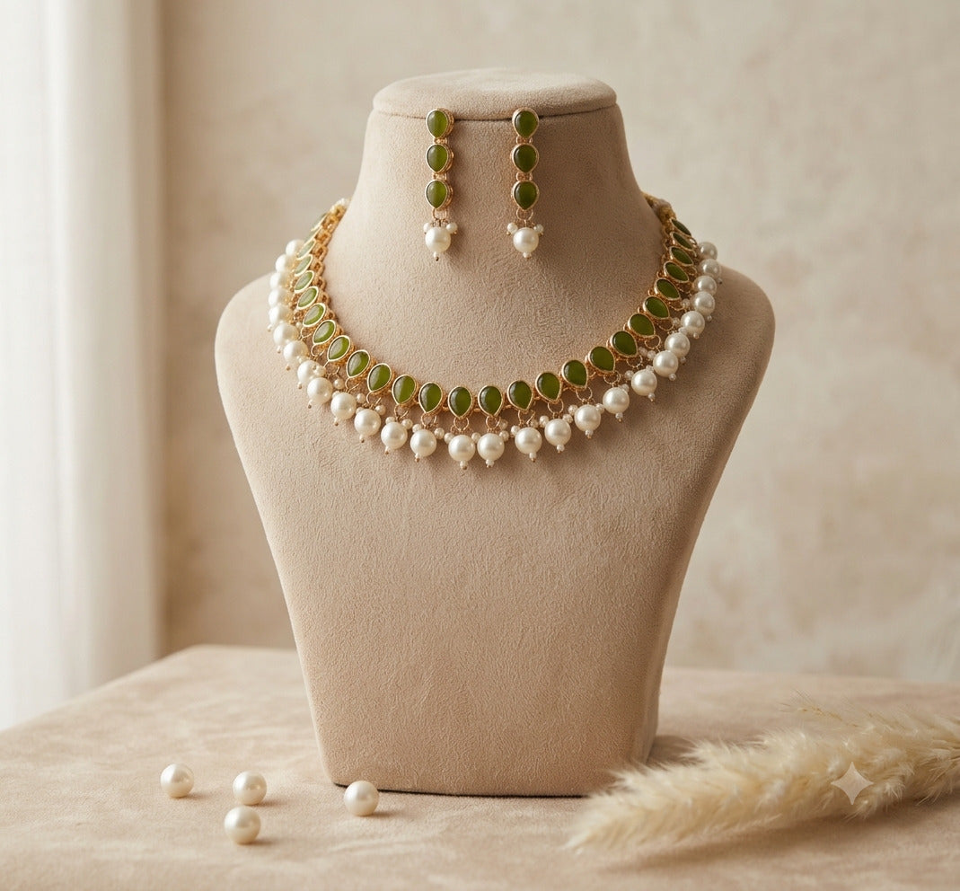 Luxury Olive Green Bezel-Set Stone Kundan Necklace with Pearl Earrings Roz Jewellers
