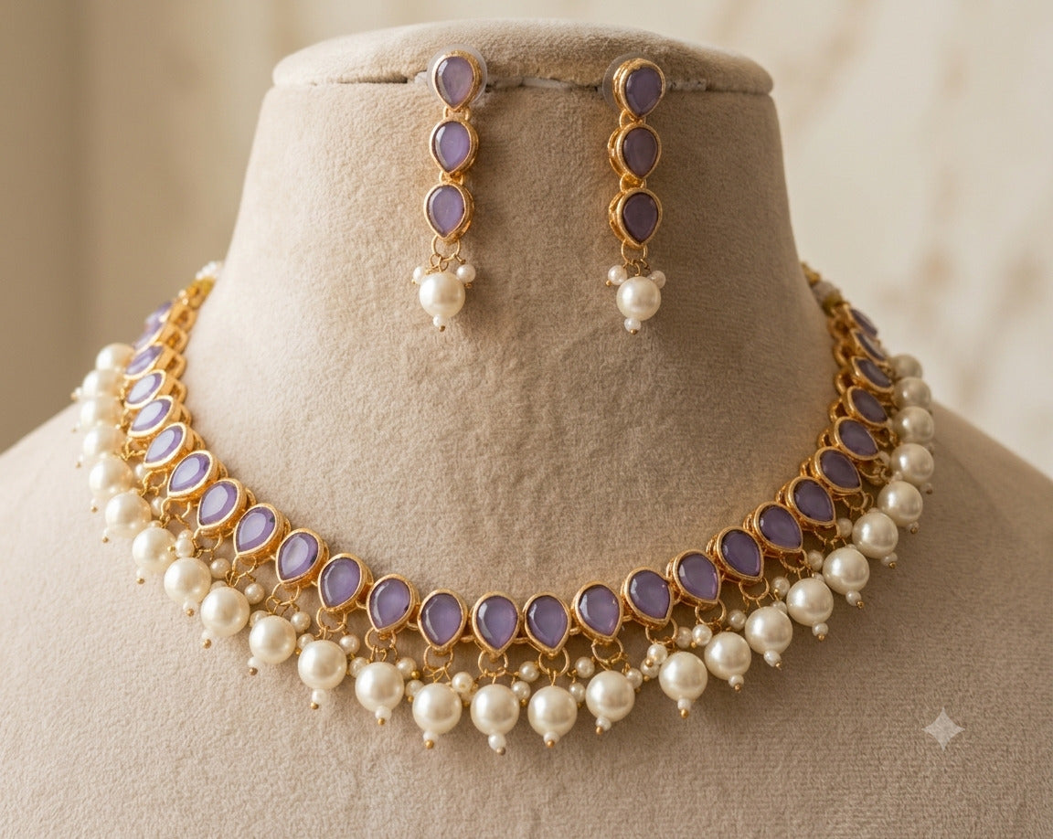 Gold Plated Kundan Purple Stone Necklace Earrings Pearls Set Roz Jewellers