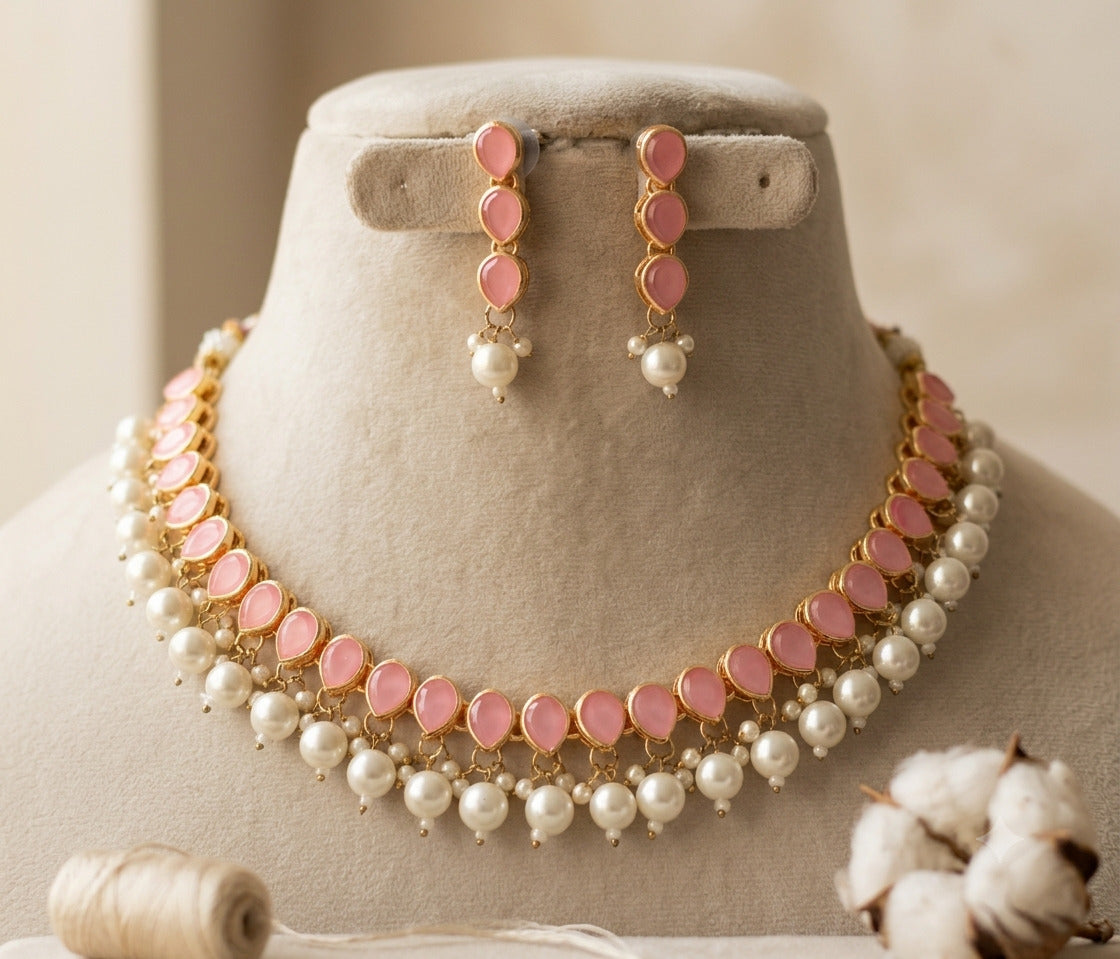 Gold Plated Kundan Pink Stone Necklace Earrings Pearls Set Roz Jewellers