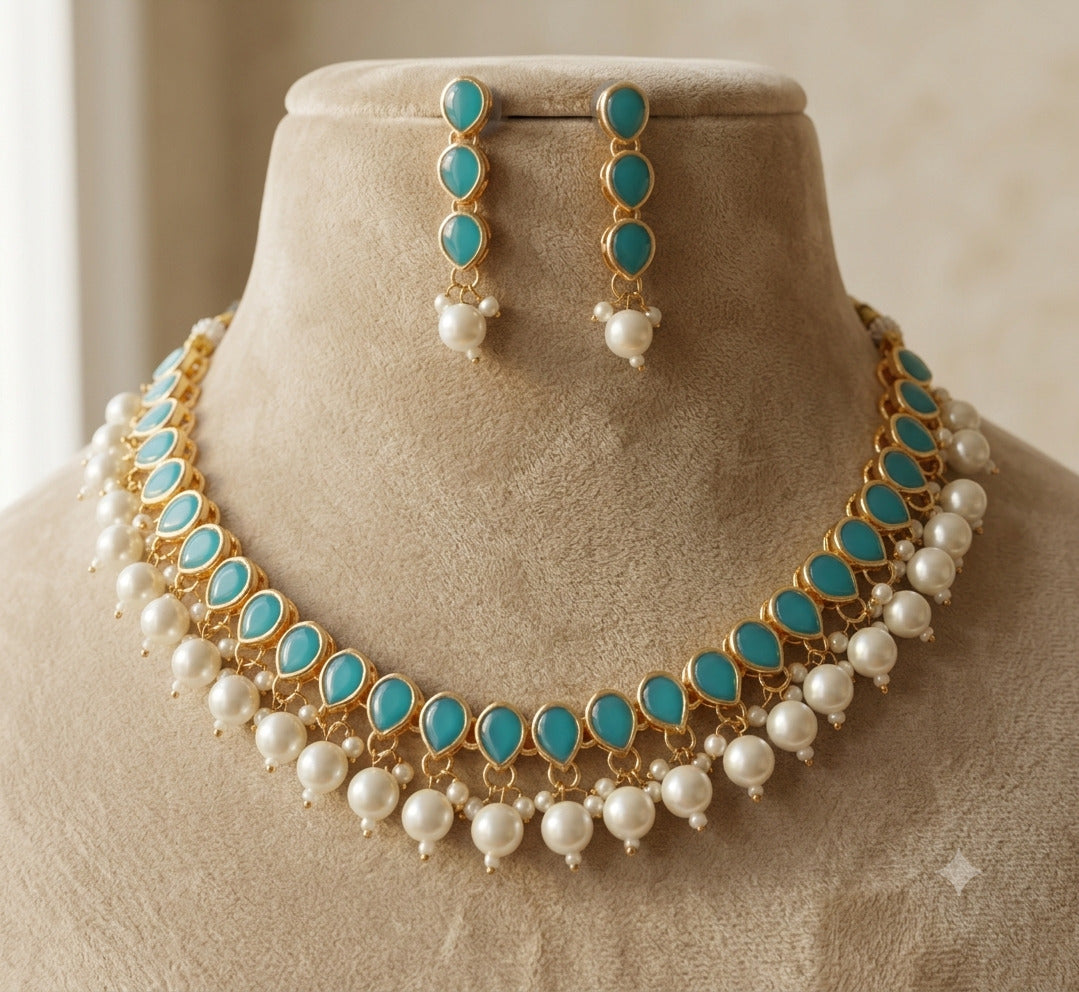bridesmaid jewelry wedding Kundan necklace for women gold plated pearls green stones