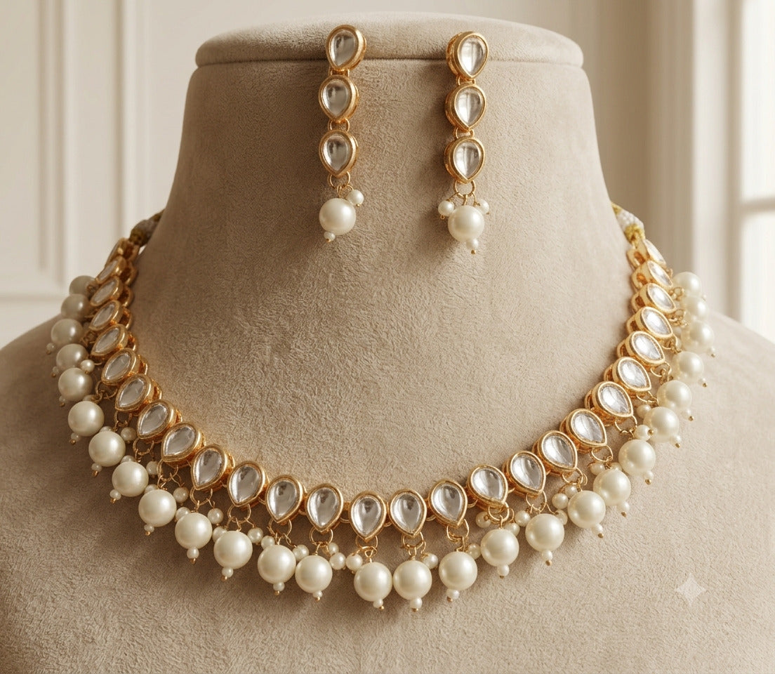 Gold Plated Kundan Single Line Necklace Earrings Pearls Set Roz Jewellers