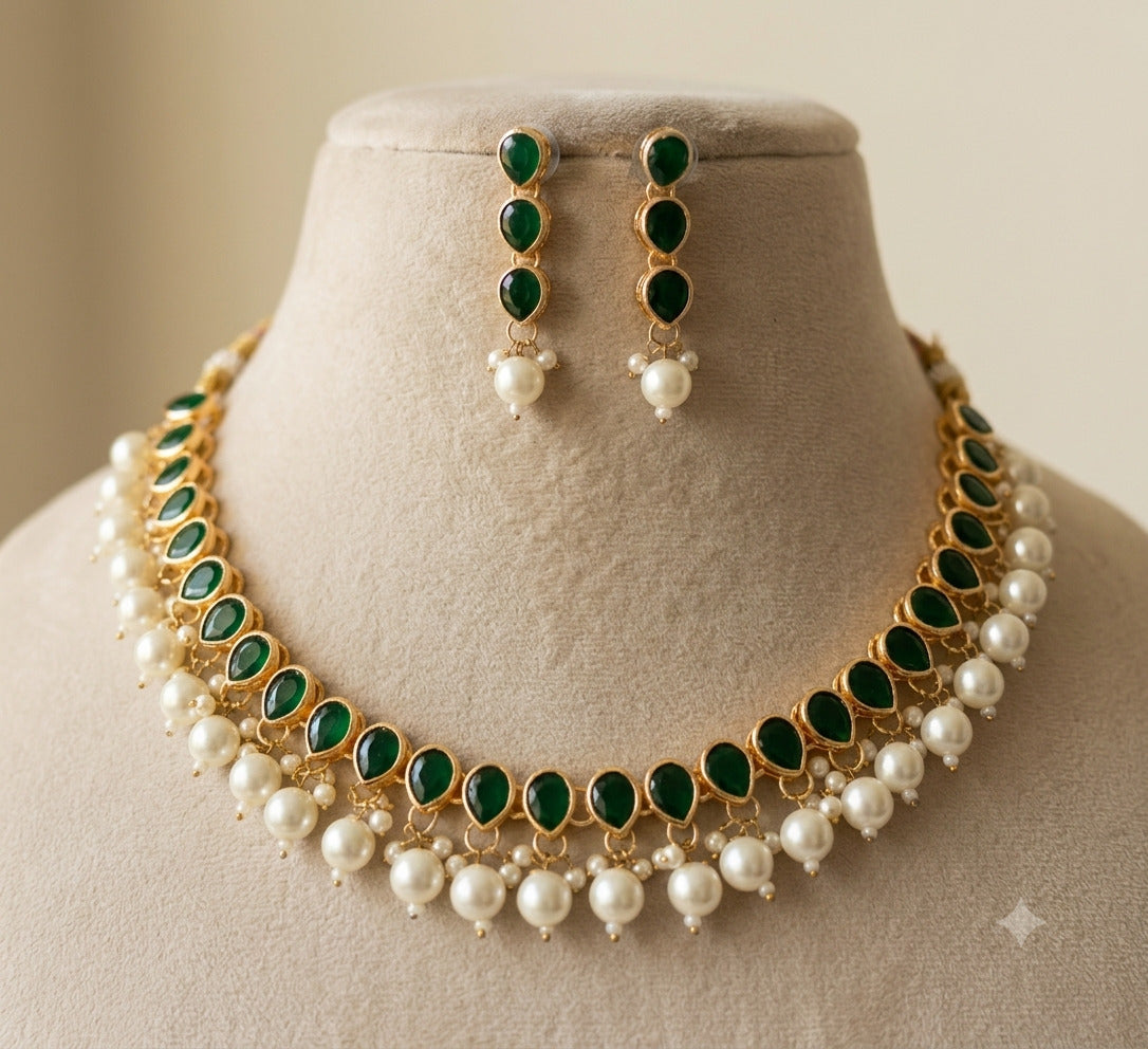 Gold Plated Kundan Green Stone Necklace Earrings Pearls Set Roz Jewellers