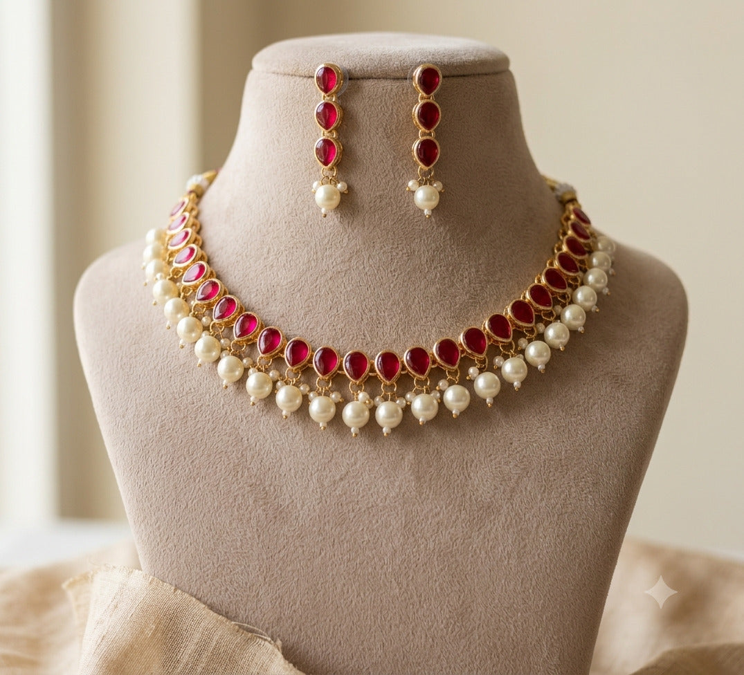 Gold Plated Kundan Red Stone Necklace Earrings Pearls Set Roz Jewellers
