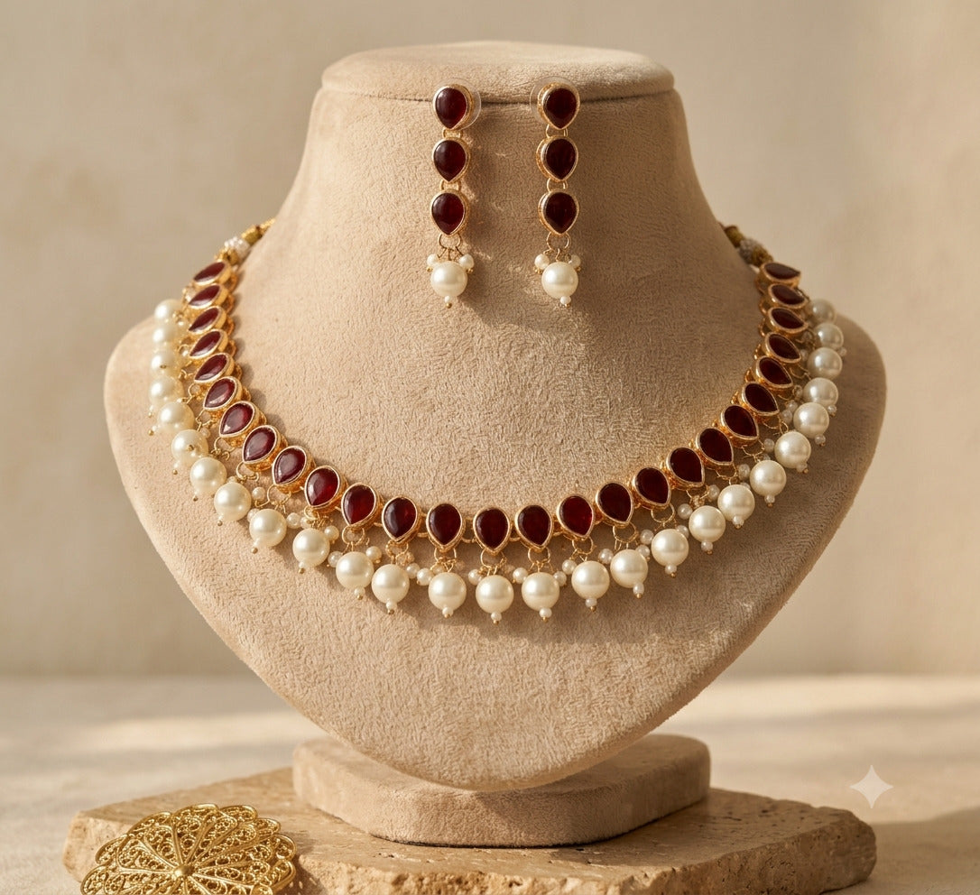 Gold Plated Kundan Single Line Maroon Necklace Earrings Pearls Set Roz Jewellers