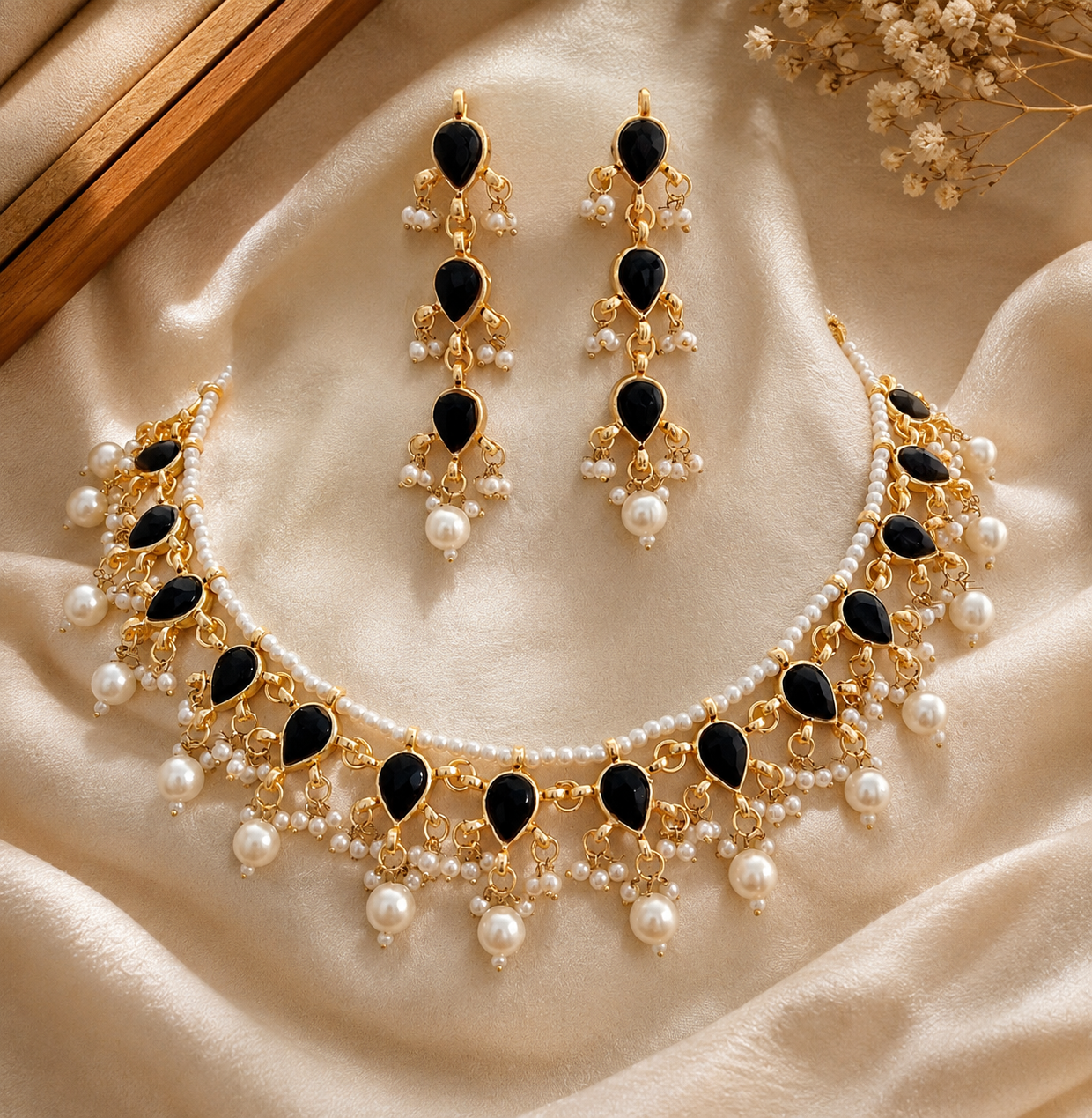 Kundan wedding necklace for women gold plated pearls black stones Mother Jewelry