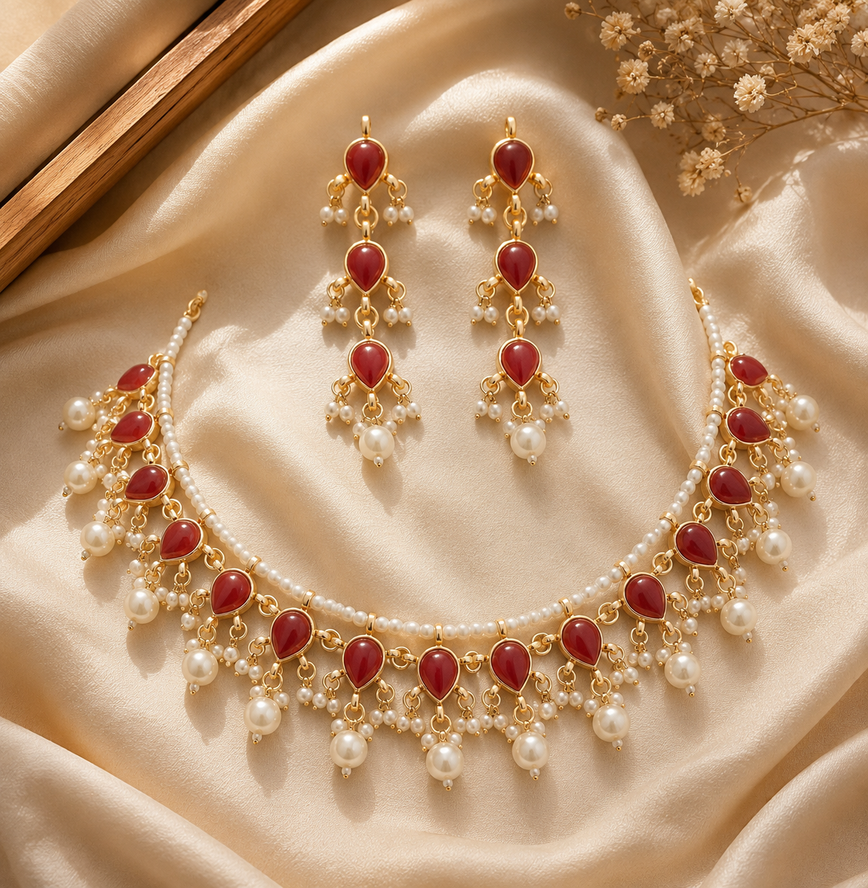 Kundan wedding necklace for women gold plated pearls red stones bridesmaid Jewelry