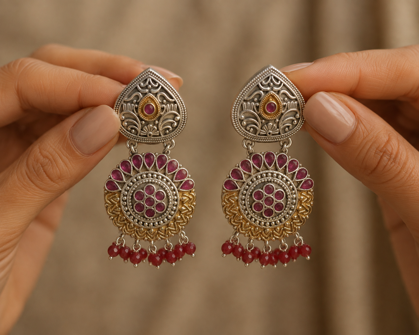 Dual Tone Oxidized Silver Ruby Stone Chandbali Kundan Earrings with Bead Roz Jewellers.