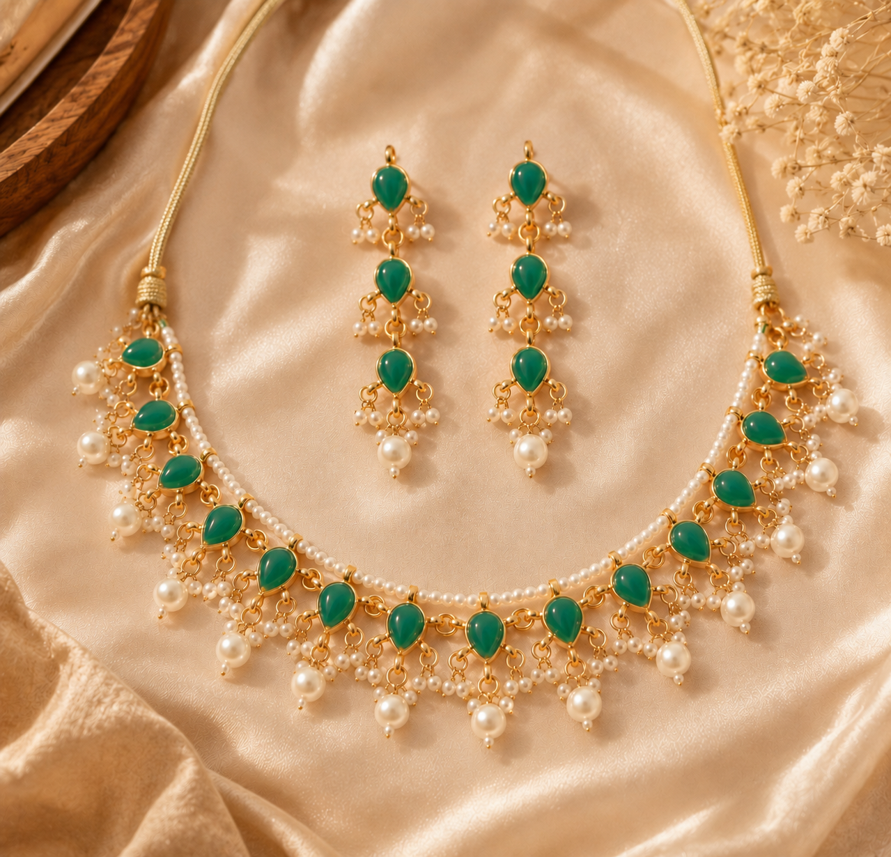 Kundan Emerald Green Teardrop Pearl Necklace Set with Long Earrings Roz Jewelle