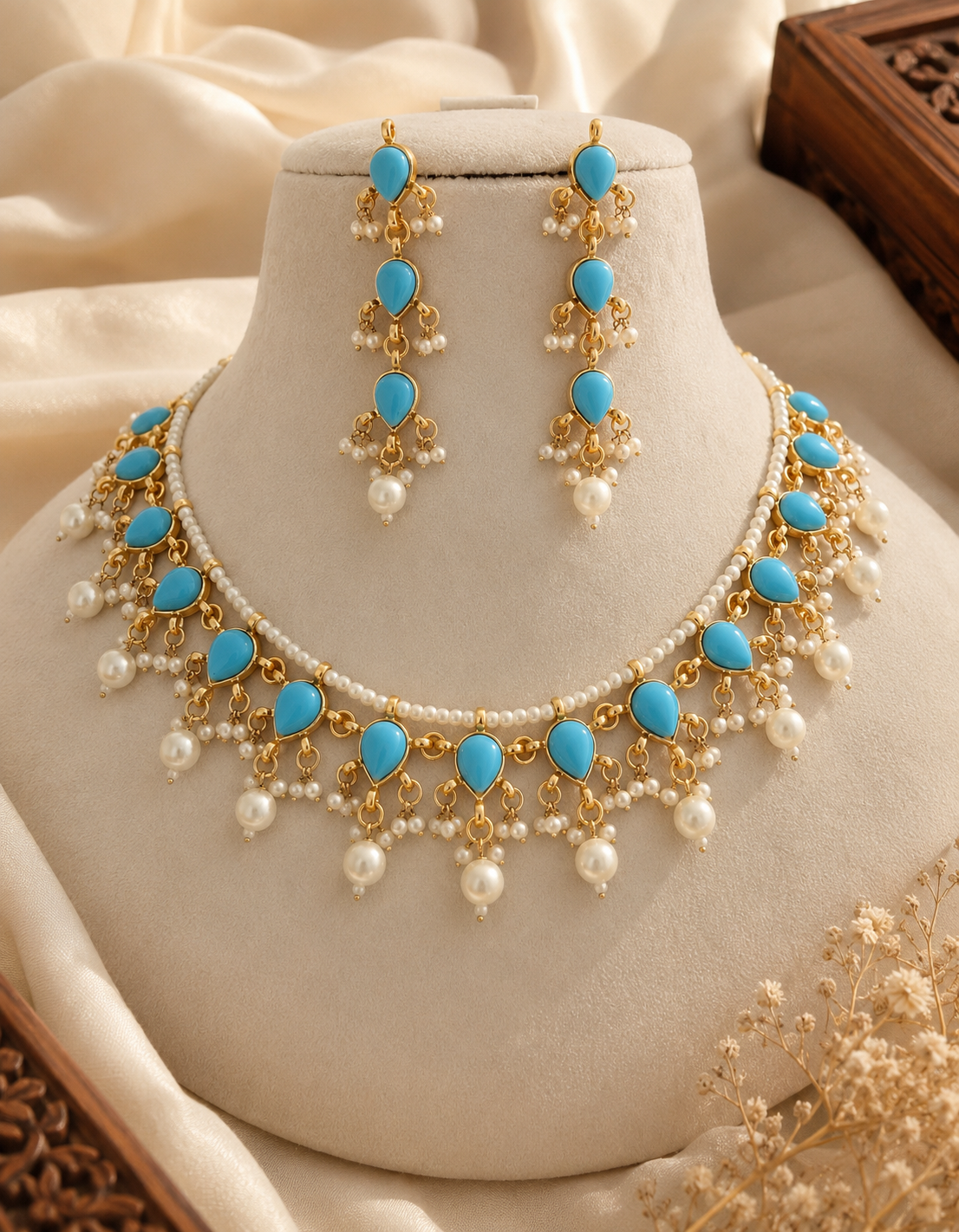 Kundan bridesmaid jewelry turquoise wedding necklace for women gold plated pearls