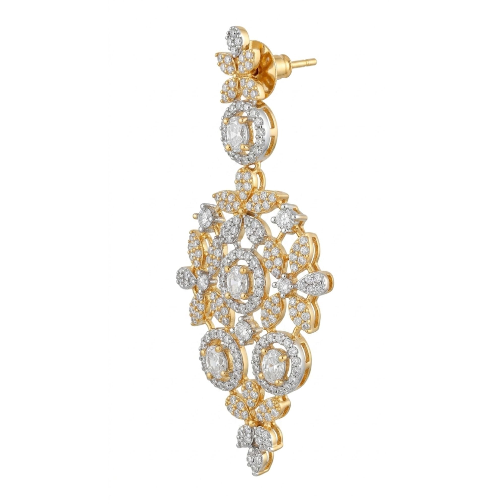 Luxury CZ Bridal Necklace & Earrings Set | Art Deco Gold Tone | Antique Style American Diamond | Wedding, Reception & Gala Jewellery | Roz Jewellers