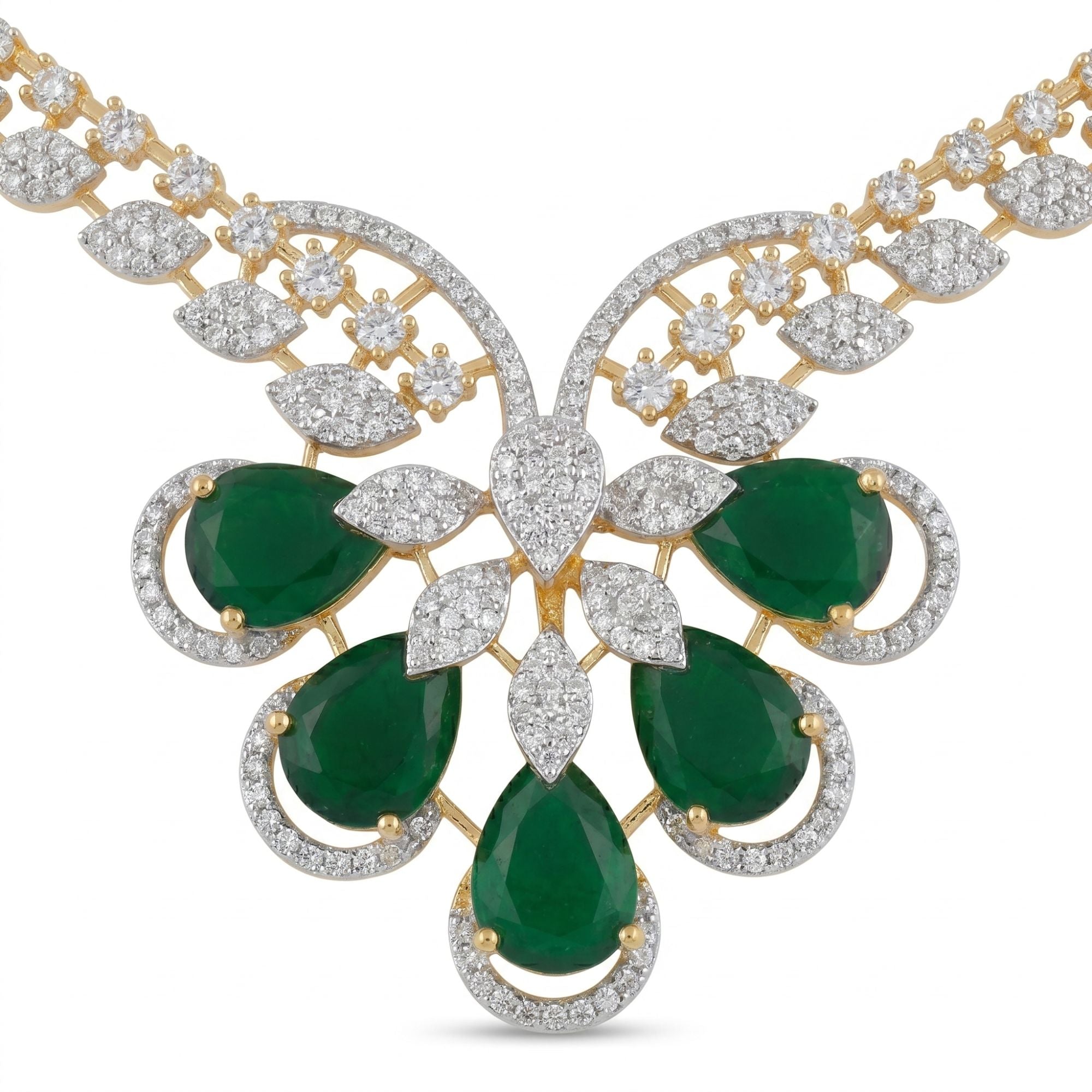 Royal Emerald Green & CZ Bridal Necklace Set | Gold Plated Teardrop Jewellery | Roz Jewellers