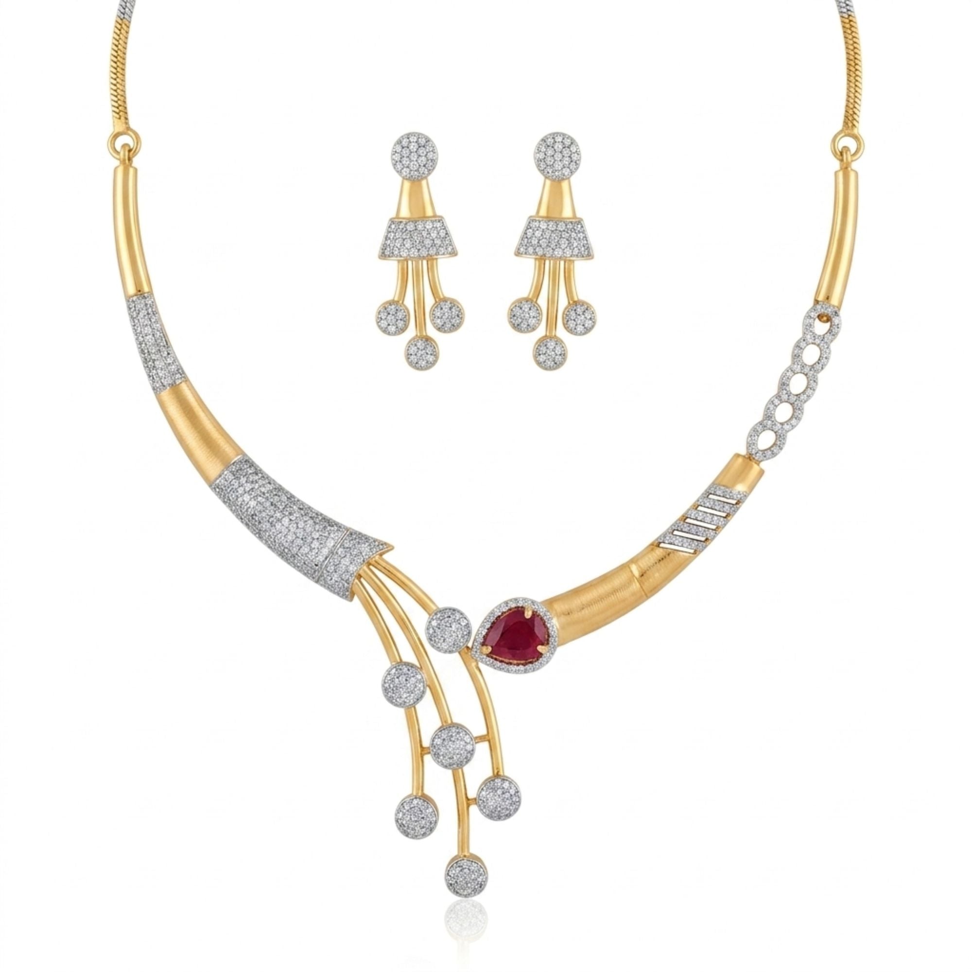 Modern Ruby & CZ Teardrop Necklace Set | Gold Tone Brass | American Diamond Simulant | Ethnic Party & Festive Wear | Roz Jewellers