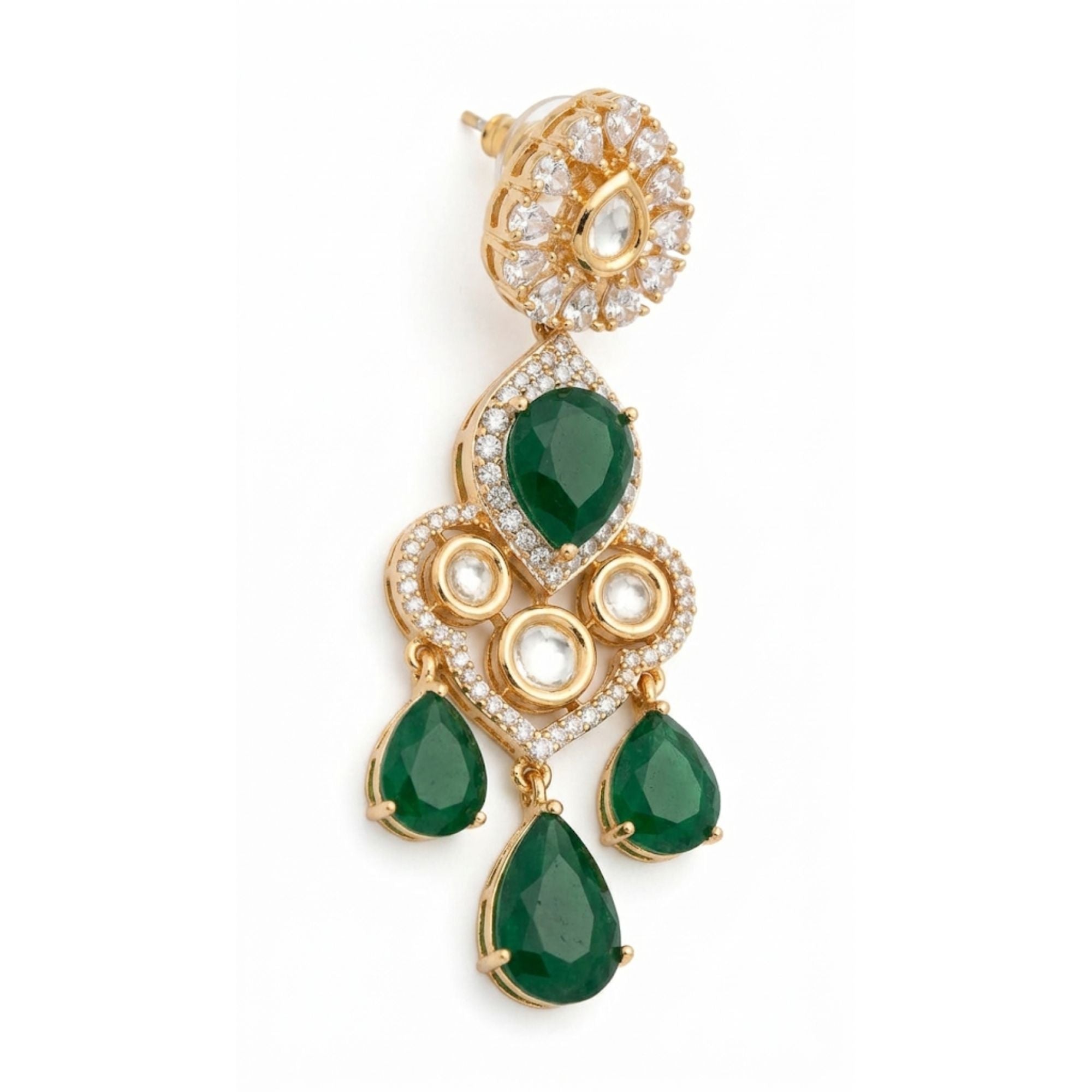 Bollywood Emerald Green & CZ Bridal Necklace Set | Gold-Plated Brass | American Diamond Halo | Indian Wedding & Festive Jewellery | Roz Jewellers