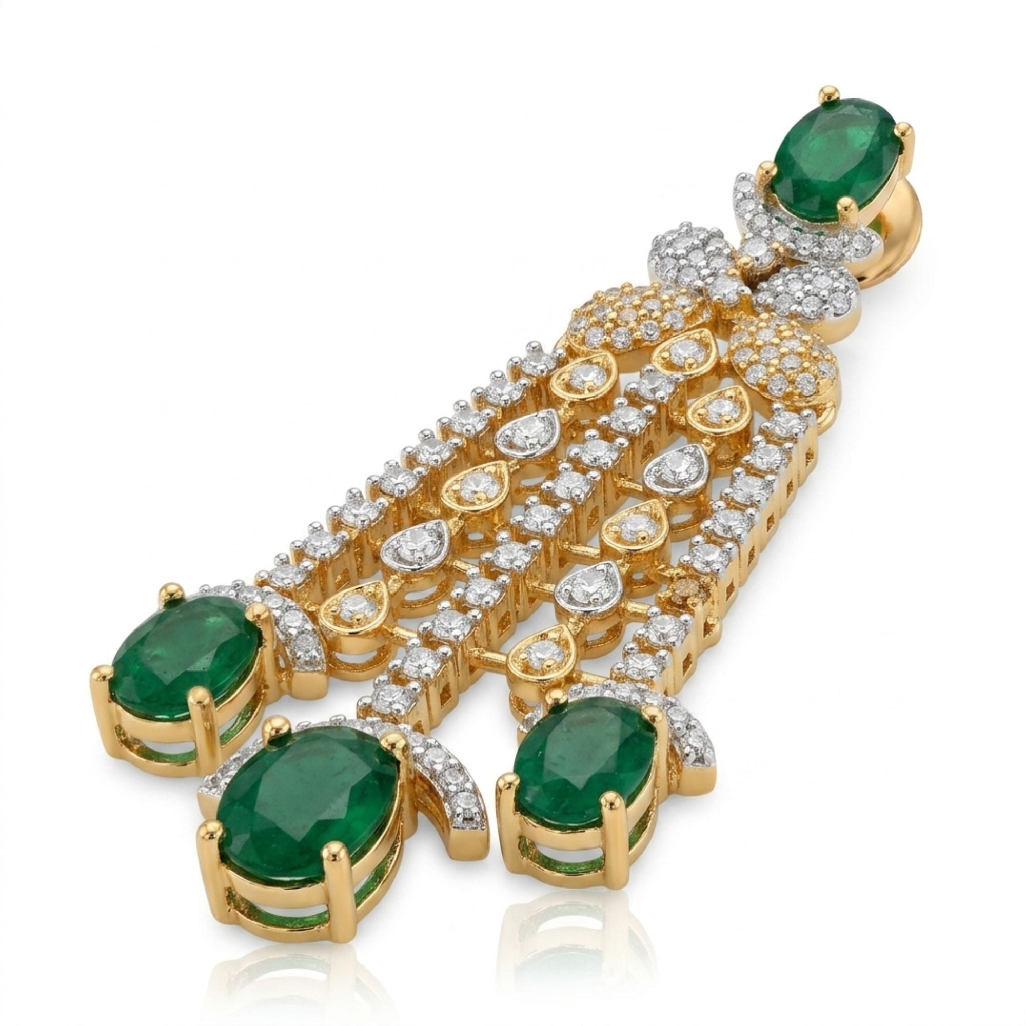 Emerald Green & CZ Long Necklace Set | Gold Plated Bridal Jewellery | Roz Jewellers