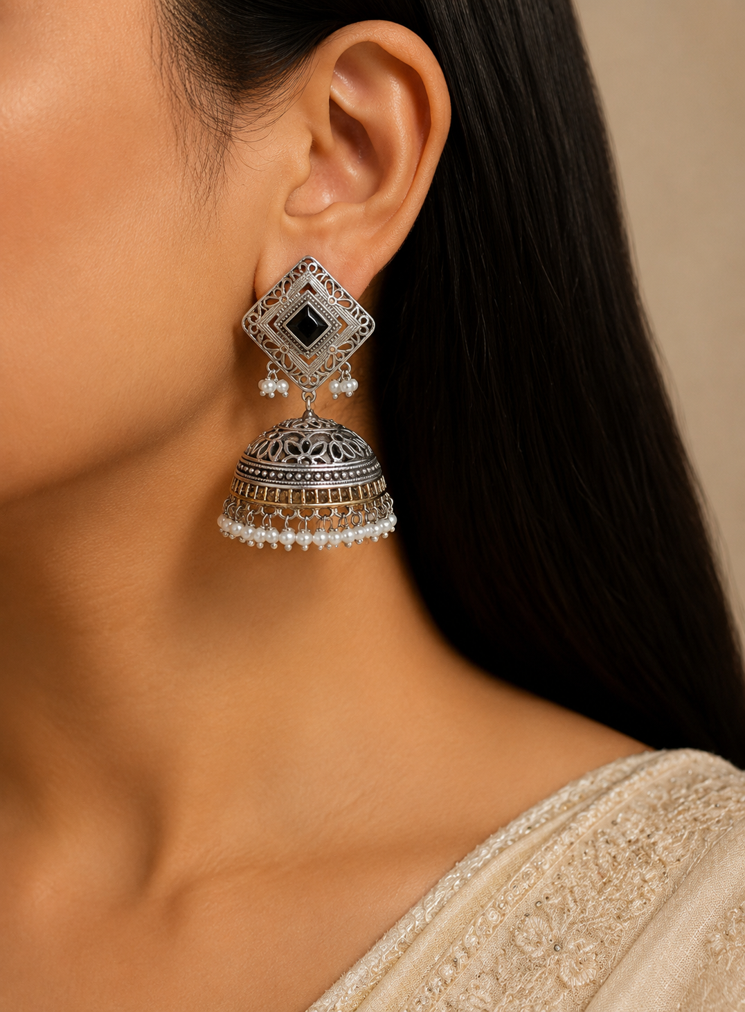 Zubi Handcrafted Silver Kundan Jhumka Earrings with Black Square Pearl Roz Jeweller.