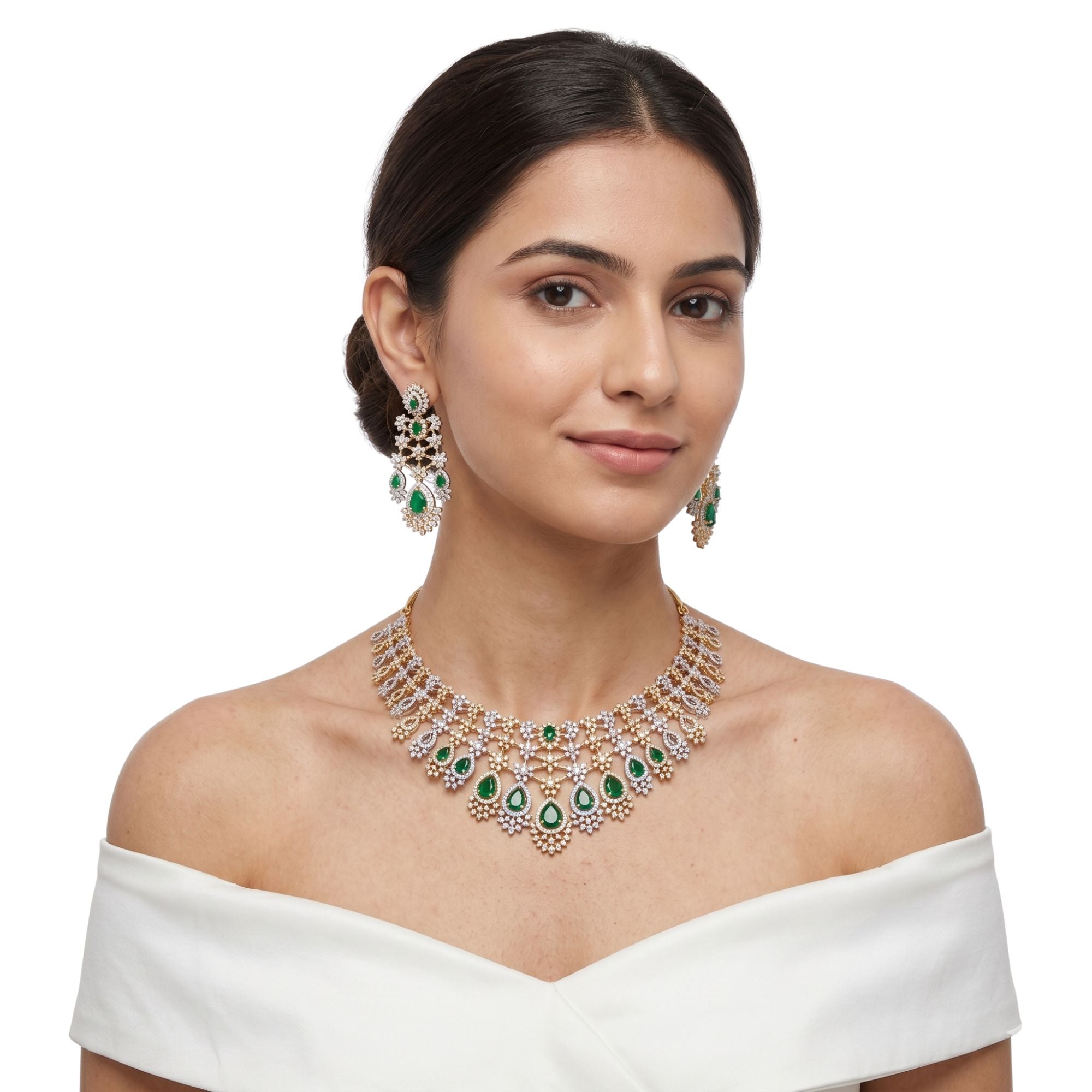 Emerald Green Stone Necklace Set | Gold Plated Bridal Jewellery | Roz Jewellers