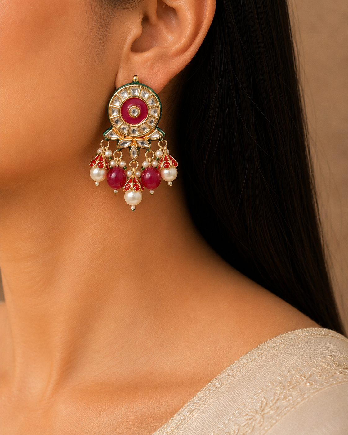 Royal Kundan Choker Necklace Set Pink Beads and White Pearl Choker Roz Jewellers