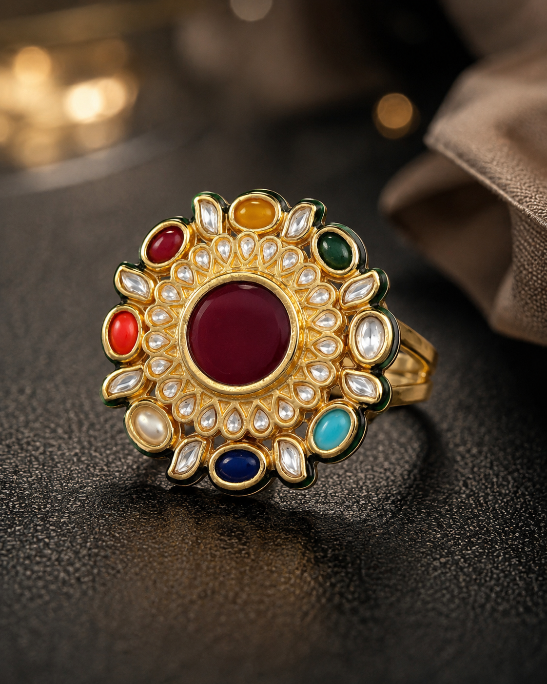 Royal Floral Kundan Statement Ring with Green Stone Accent Roz Jewellers
