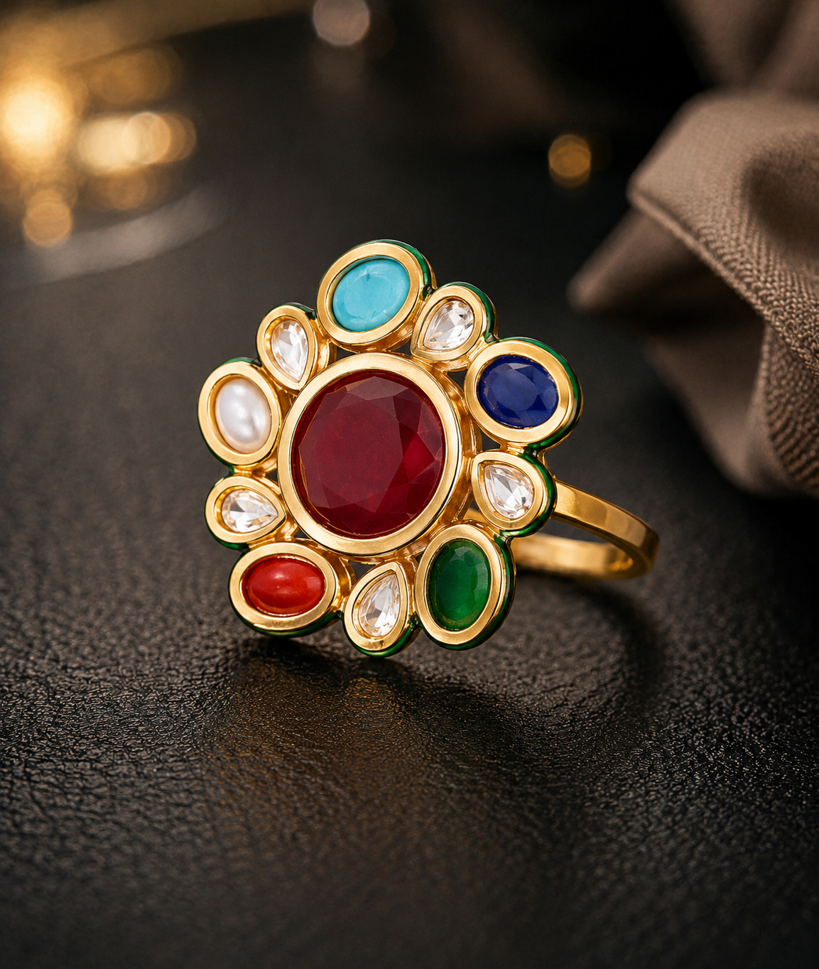 Handcrafted Meenakari Adjustable Kundan Cocktail Ring Roz Jewellers