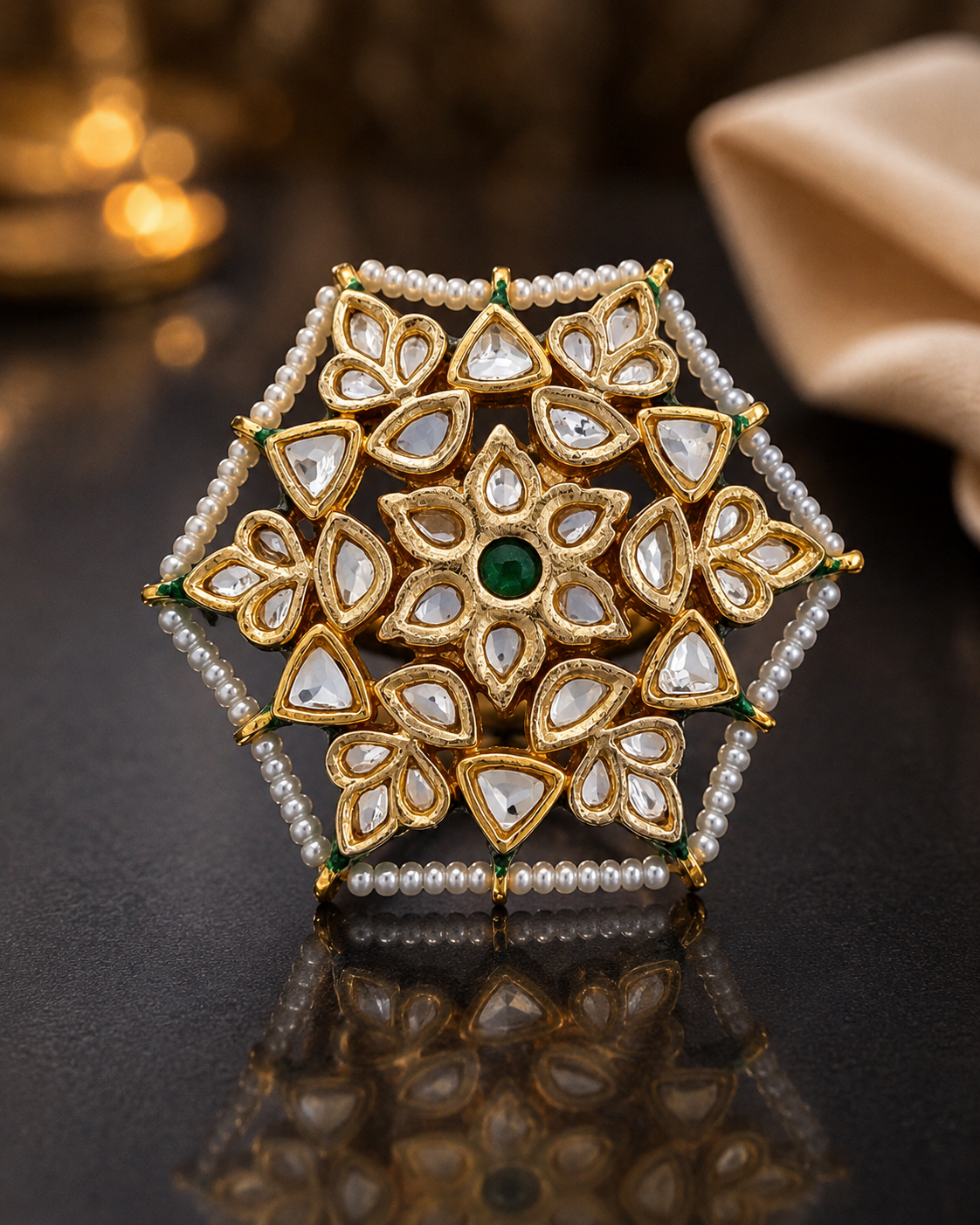 Luxury Mughal-Inspired Floral Kundan Gold Plated Ring Roz Jewellers