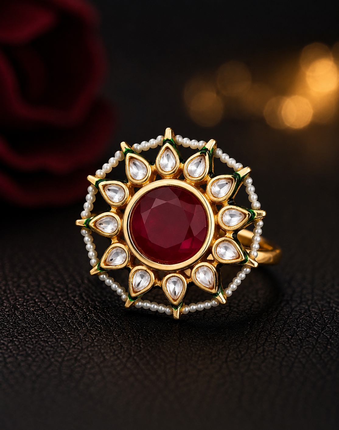 Royal Kundan Ring with Intricate Meenakari Work Roz Jewellers