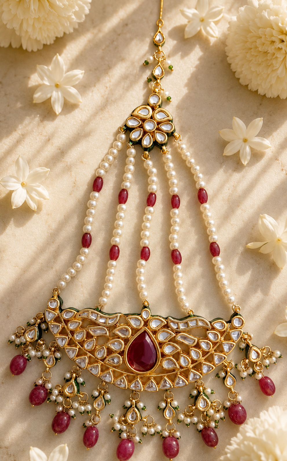 Vintage Inspired Kundan Jhumar Ruby Stone Bridal Hair Jewelry Roz Jewellers