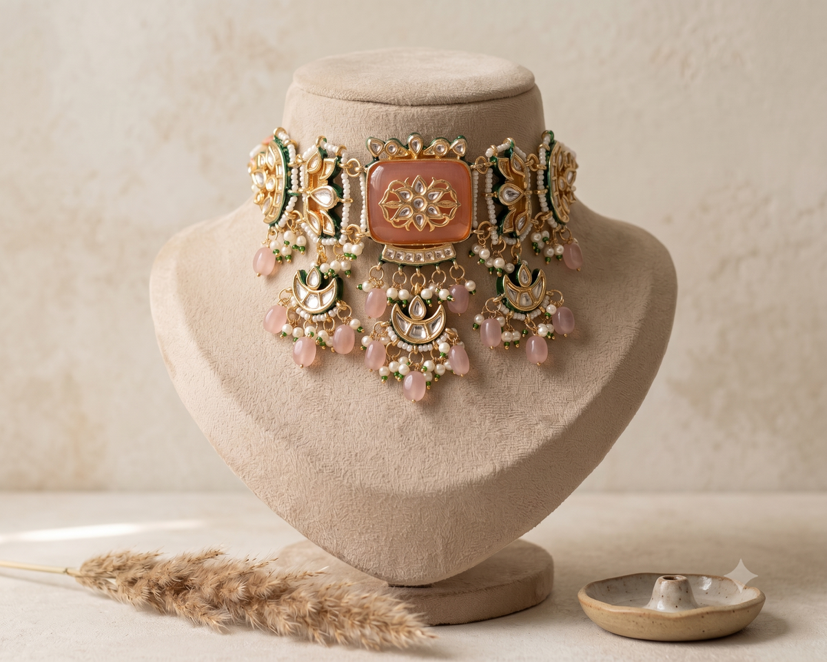 Designer Indian Pink Kundan Choker Necklace Bridal Wedding Statement Jewellery Roz Jewellers.