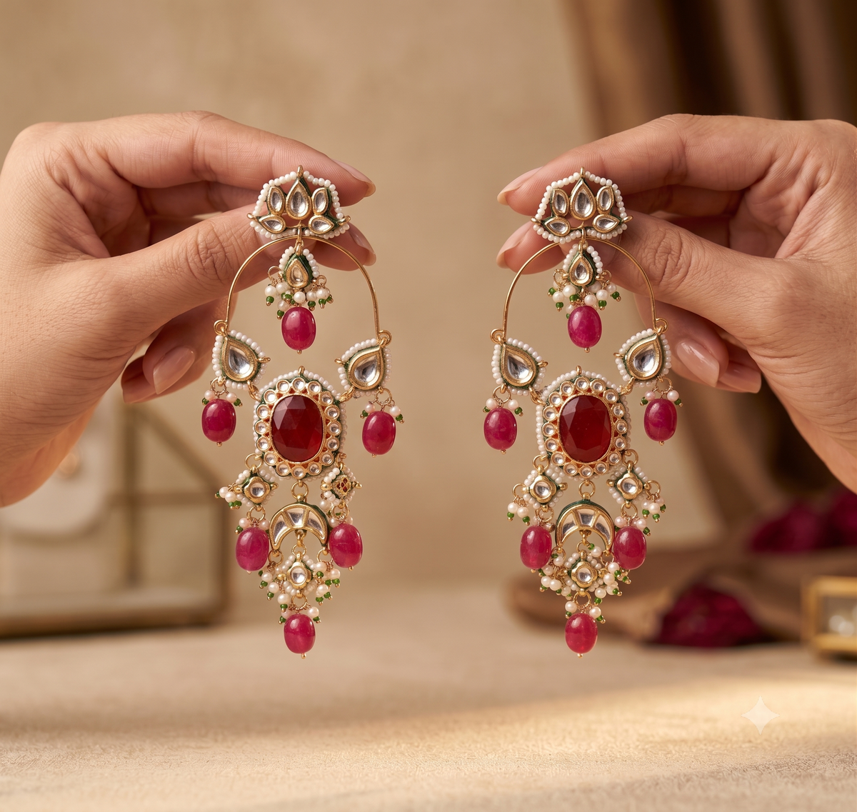 Pink Designer Kundan Chandbali Earrings Traditional Indian Bridal Jewellery Roz Jewellers.